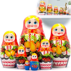 Russian Nesting Dolls Set of 7 pcs - Russian Dolls in Sarafan Dress with Folk Ornaments and Apples, Pears and Red Currant - Matryoshka Nesting Dolls