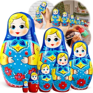 Russian Nesting Dolls Set of 7 pcs - Wooden Matryoshka Dolls with Blue Head Scarf and Sarafan Dress - Handmade and Hand Painted Baboushka Nesting Dolls