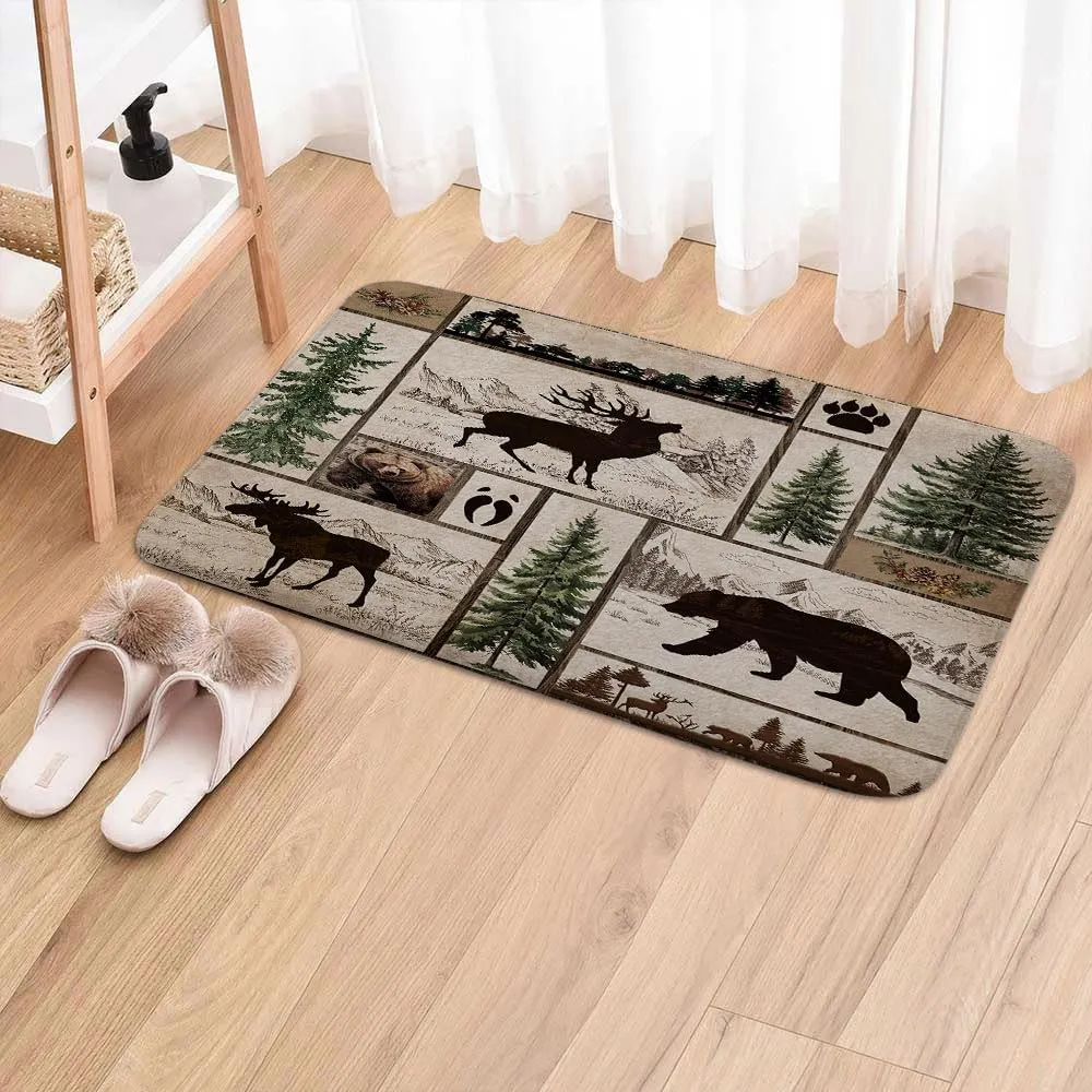 Rustic Cabin Bath Rug Farmhouse Country Black Bear Deer Moose Forest Woodland Bathroom Rug, Hunting Cabin Mat Soft Non Slip Kitchen Rugs 17X29IN