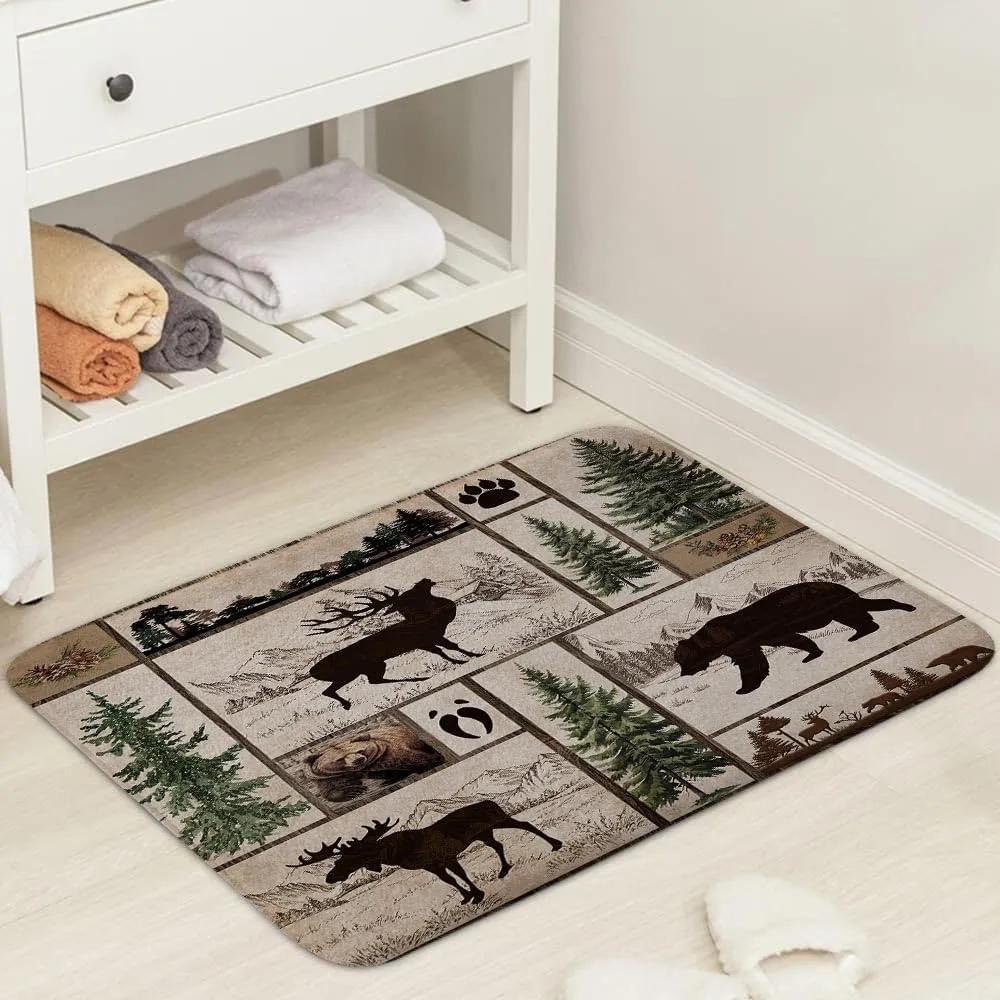 Rustic Cabin Bath Rug Farmhouse Country Black Bear Deer Moose Forest Woodland Bathroom Rug, Hunting Cabin Mat Soft Non Slip Kitchen Rugs 17X29IN
