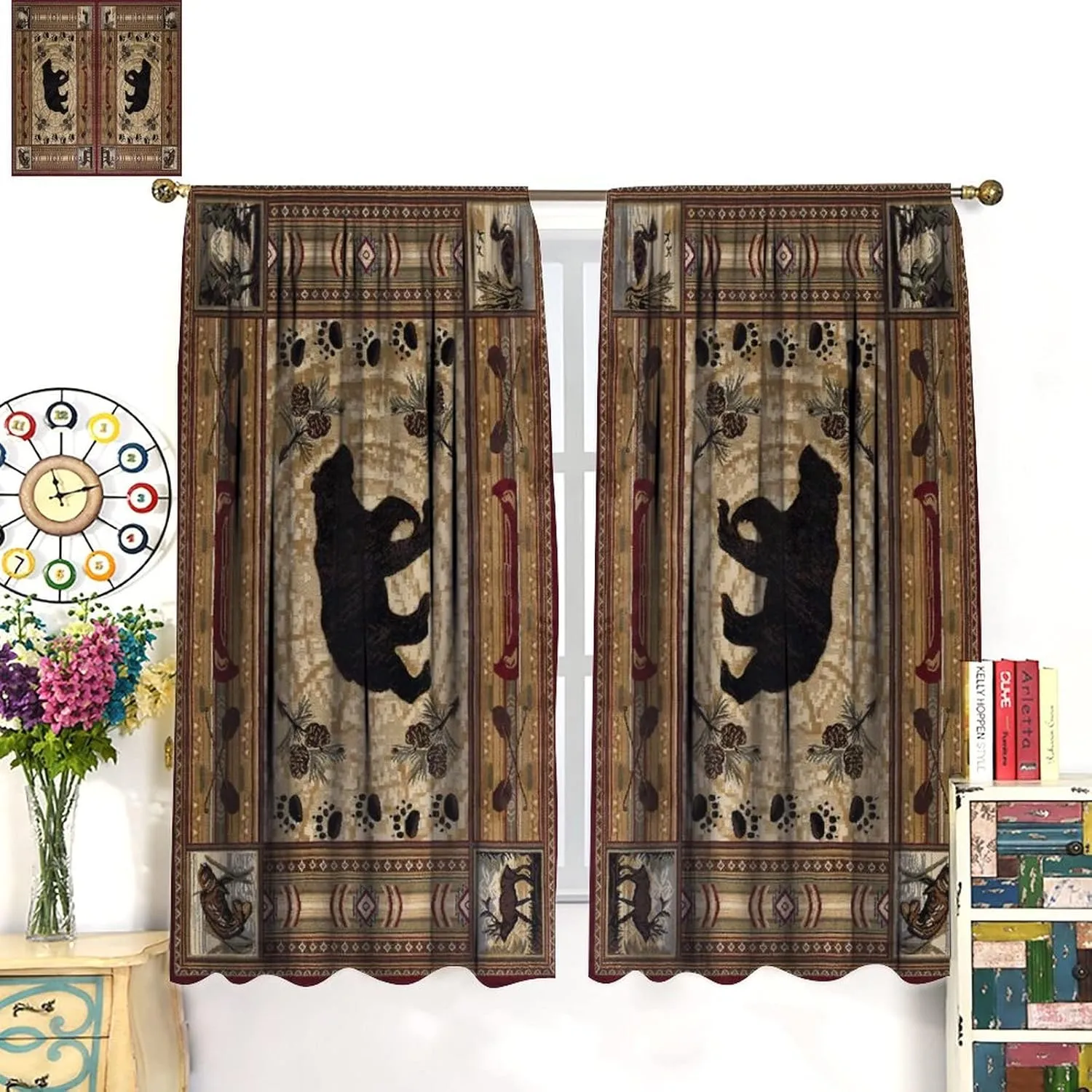 Rustic Cabin Bear Curtains, Retro Brown Bear Blackout Curtains, Rustic Theme Decoration for Living Room Bedroom Home Decor 2 Panels, 21W x 45L inch Each Panel