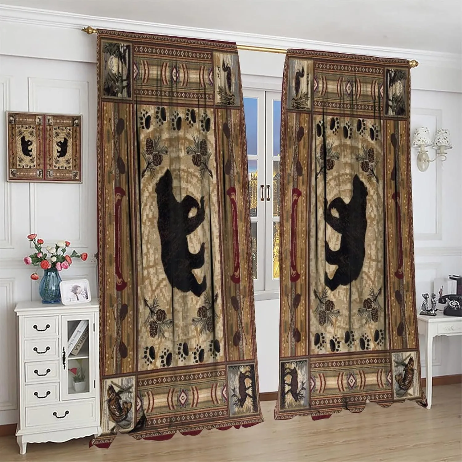 Rustic Cabin Bear Curtains, Retro Brown Bear Blackout Curtains, Rustic Theme Decoration for Living Room Bedroom Home Decor 2 Panels, 21W x 45L inch Each Panel