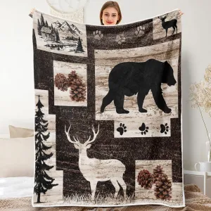 Rustic Cabin Blanket, Bear Deer Forest Wildlife Country Lodge Flannel Cozy Fuzzy Plush Couch Throw Blanket, Hunting Camping Throw Blanket Decorate The Room and Bedroom Travel