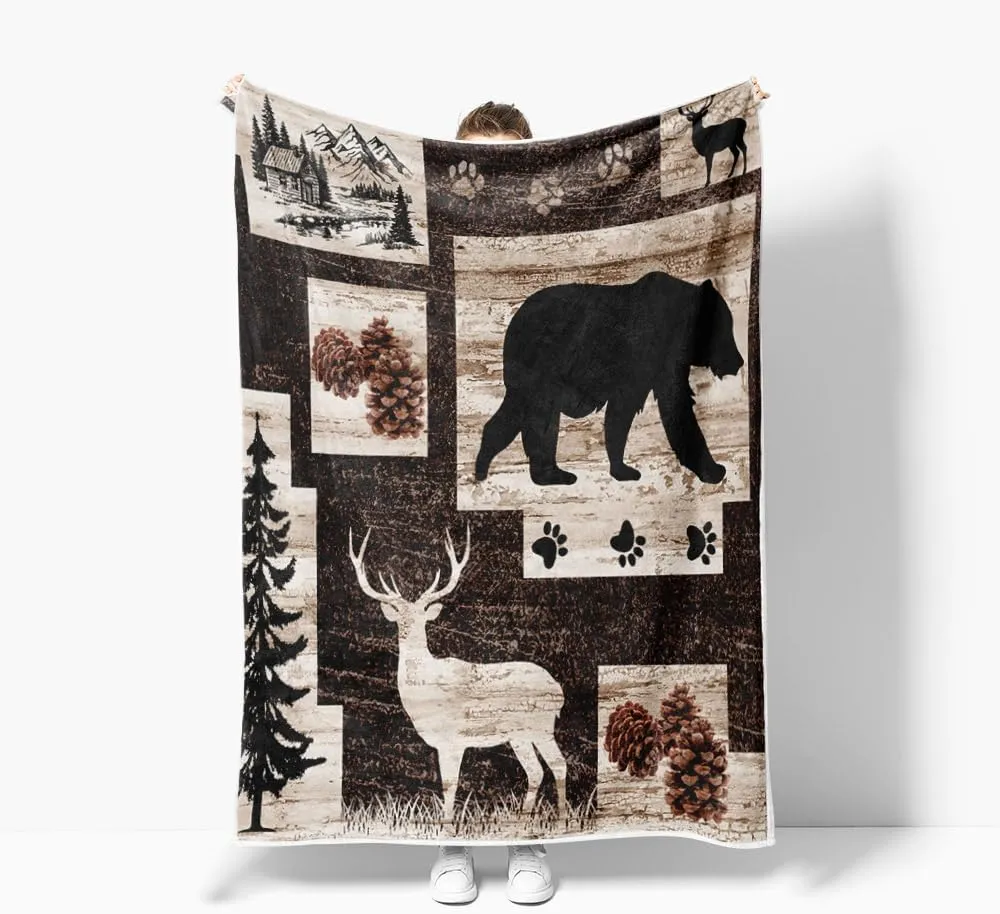Rustic Cabin Blanket, Bear Deer Forest Wildlife Country Lodge Flannel Cozy Fuzzy Plush Couch Throw Blanket, Hunting Camping Throw Blanket Decorate The Room and Bedroom Travel