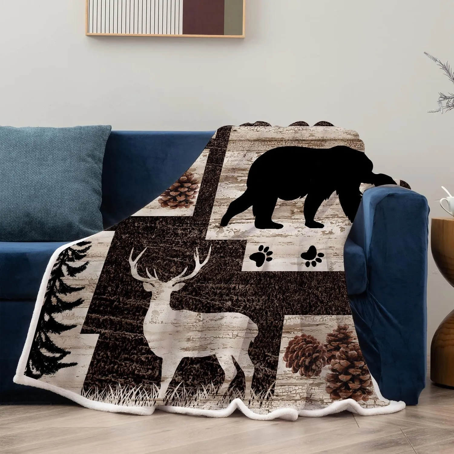 Rustic Cabin Blanket, Bear Deer Forest Wildlife Country Lodge Flannel Cozy Fuzzy Plush Couch Throw Blanket, Hunting Camping Throw Blanket Decorate The Room and Bedroom Travel