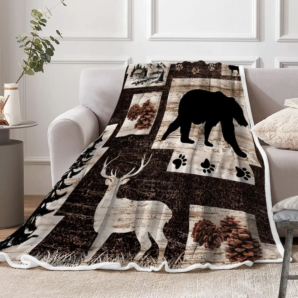 Rustic Cabin Blanket, Bear Deer Forest Wildlife Country Lodge Flannel Cozy Fuzzy Plush Couch Throw Blanket, Hunting Camping Throw Blanket Decorate The Room and Bedroom Travel