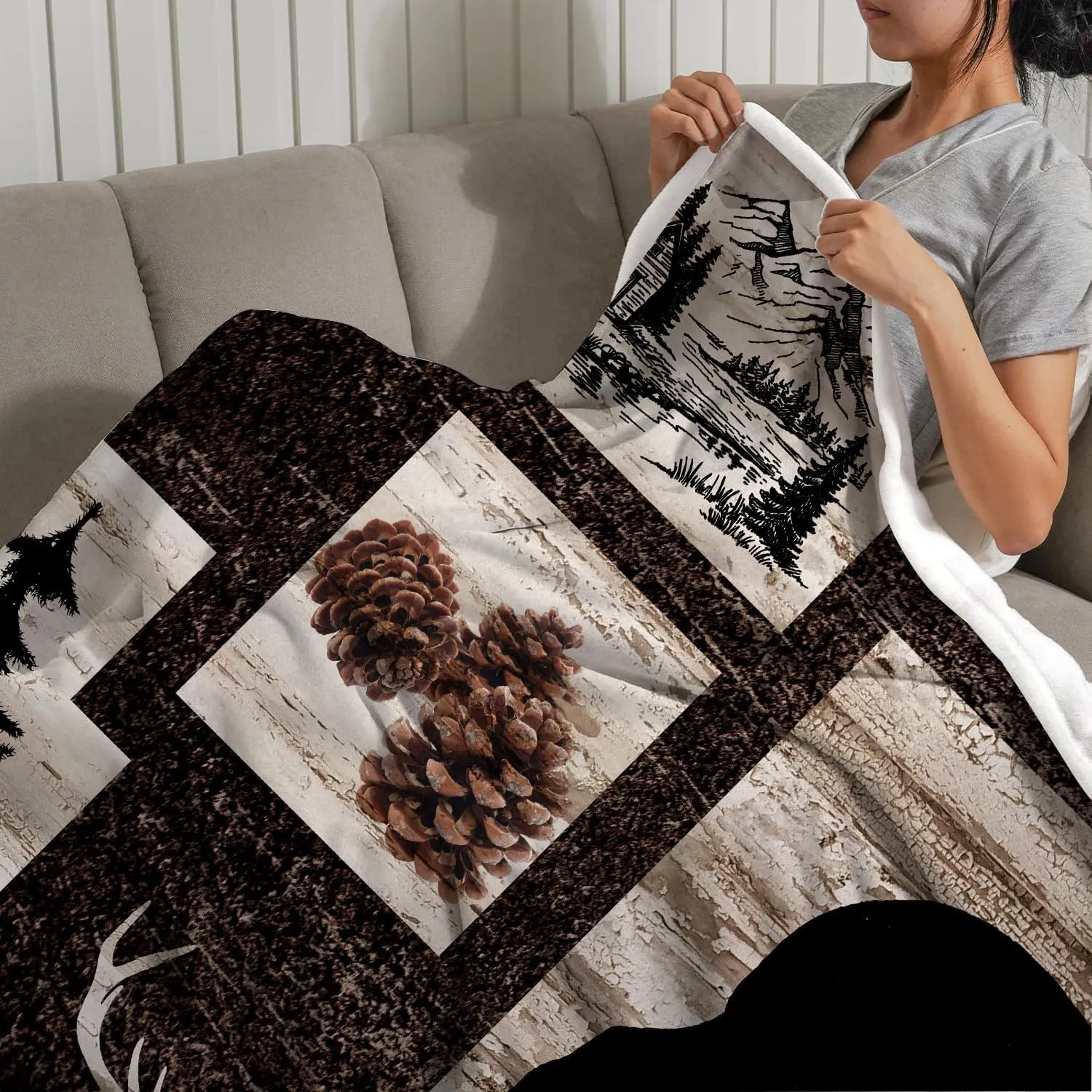 Rustic Cabin Blanket, Bear Deer Forest Wildlife Country Lodge Flannel Cozy Fuzzy Plush Couch Throw Blanket, Hunting Camping Throw Blanket Decorate The Room and Bedroom Travel
