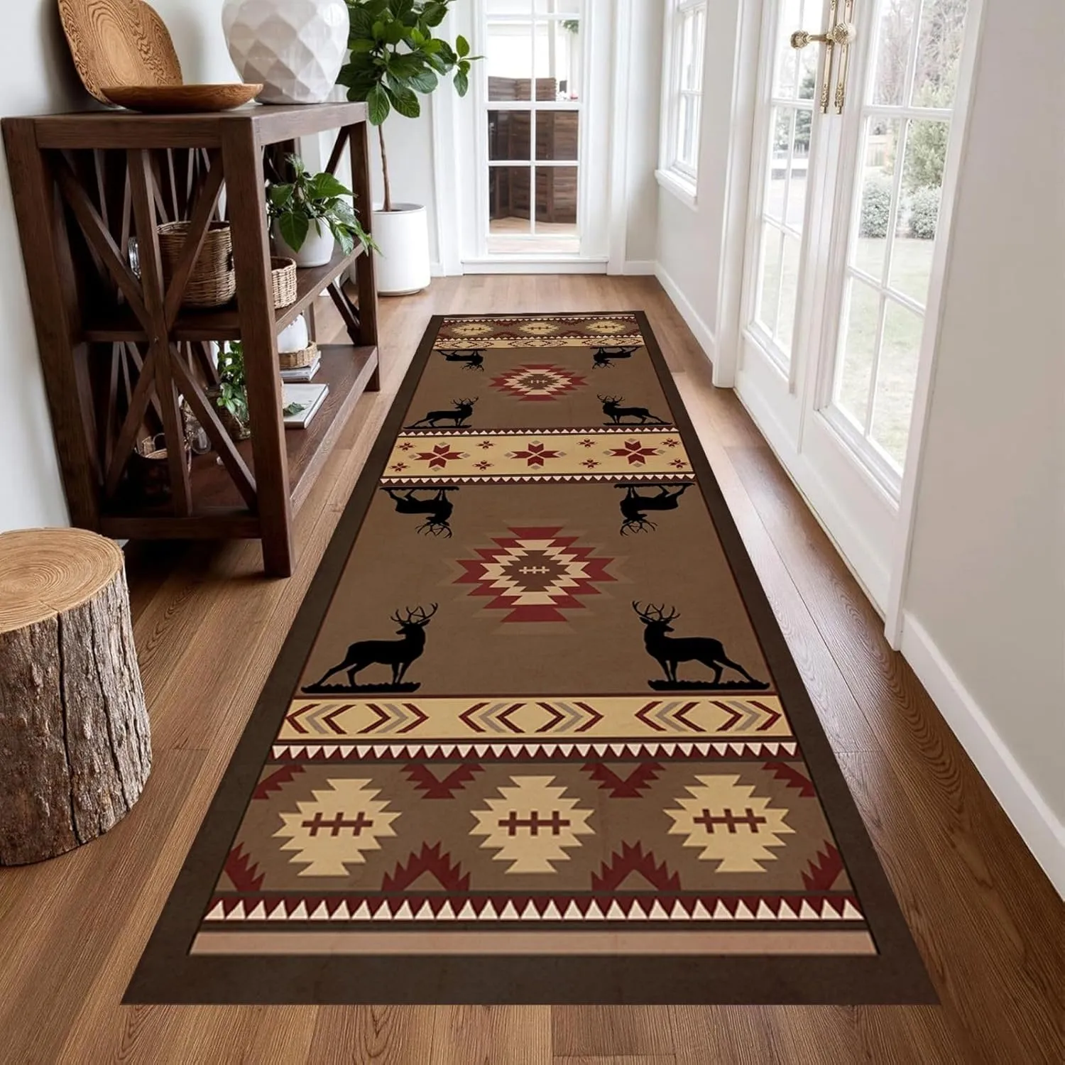 Rustic Cabin Elk Deer Hallway Rugs 2x7ft Aztec Tribal American Native Southwest Rug Non Slip Washable Brown Runner Rug for Hallway Kitchen Laundry Bathroom Bedroom Imdoor Throw Carpet