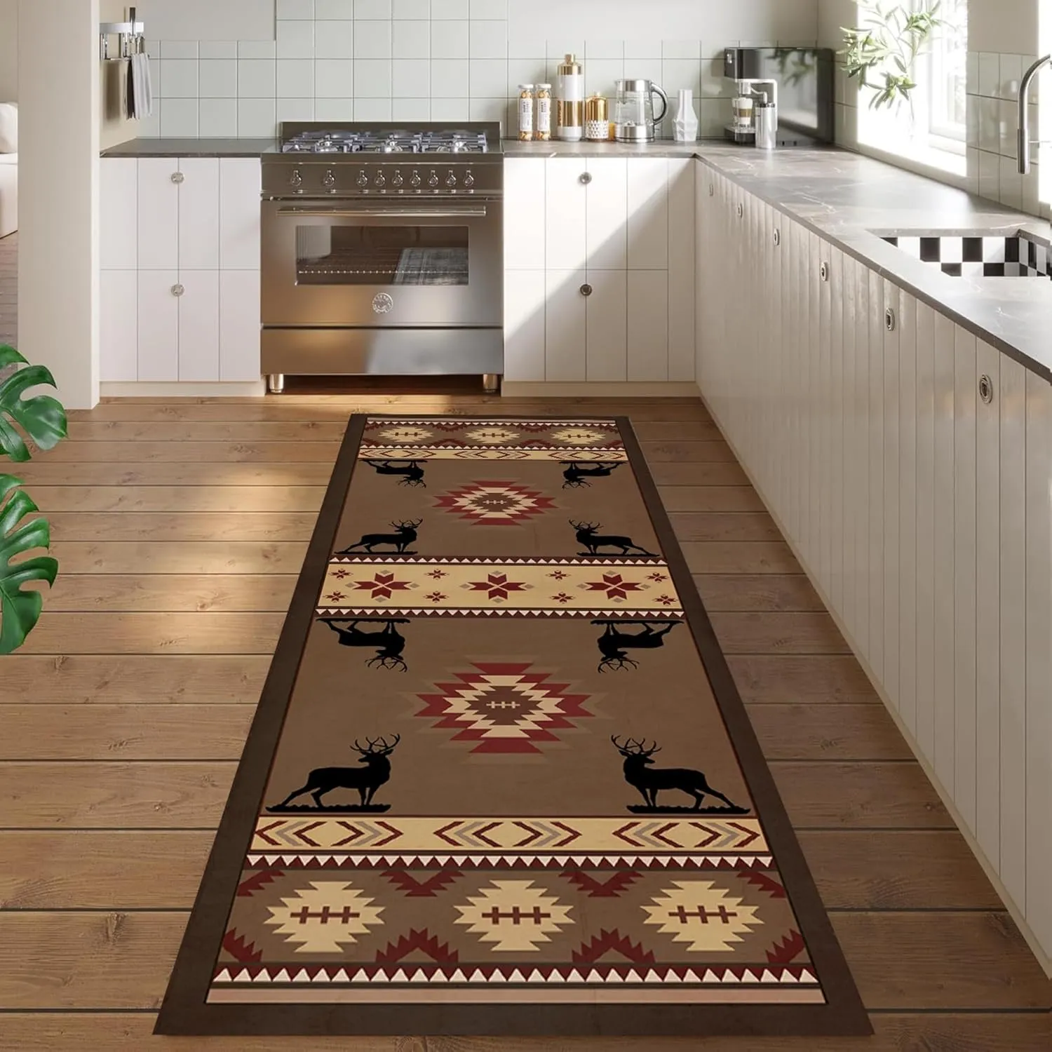 Rustic Cabin Elk Deer Hallway Rugs 2x7ft Aztec Tribal American Native Southwest Rug Non Slip Washable Brown Runner Rug for Hallway Kitchen Laundry Bathroom Bedroom Imdoor Throw Carpet