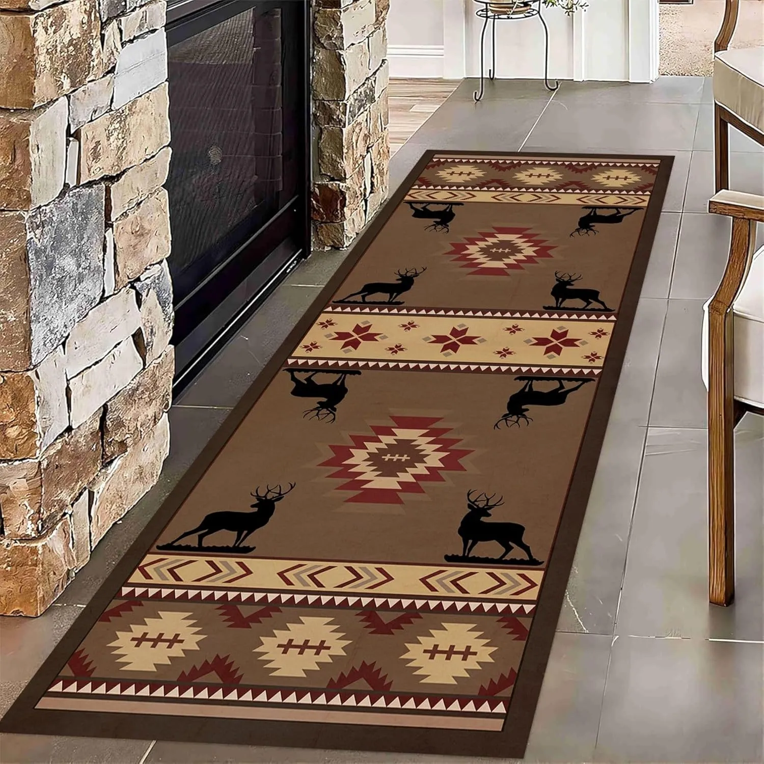 Rustic Cabin Elk Deer Hallway Rugs 2x7ft Aztec Tribal American Native Southwest Rug Non Slip Washable Brown Runner Rug for Hallway Kitchen Laundry Bathroom Bedroom Imdoor Throw Carpet