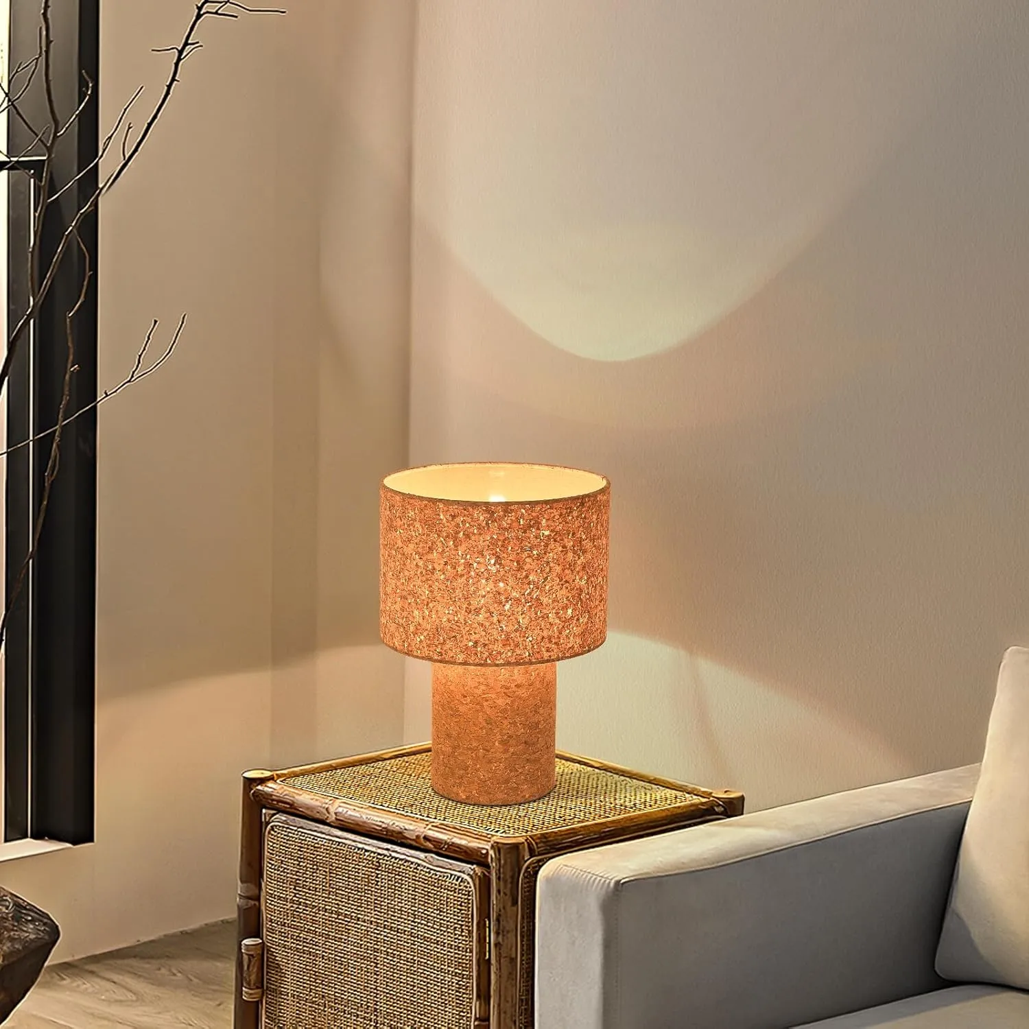 Rustic Small Table Lamp with Natural Bark Linen Lamp Shape, Farmhouse Bedside Lamp for Nightstand, Side Table Lamp for Kitchen, Office, Reading Desk, 12.2 Inch, E26 Socket, ON/Off Switch