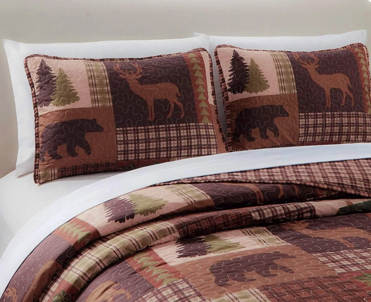 Rustic Western Lodge Quilted Plaid Reversible Bedspread Set with Wildlife Imagery of Grizzly Bear Elk Buck and Pine Trees in Dark Brown - Alpine Trail (Twin)