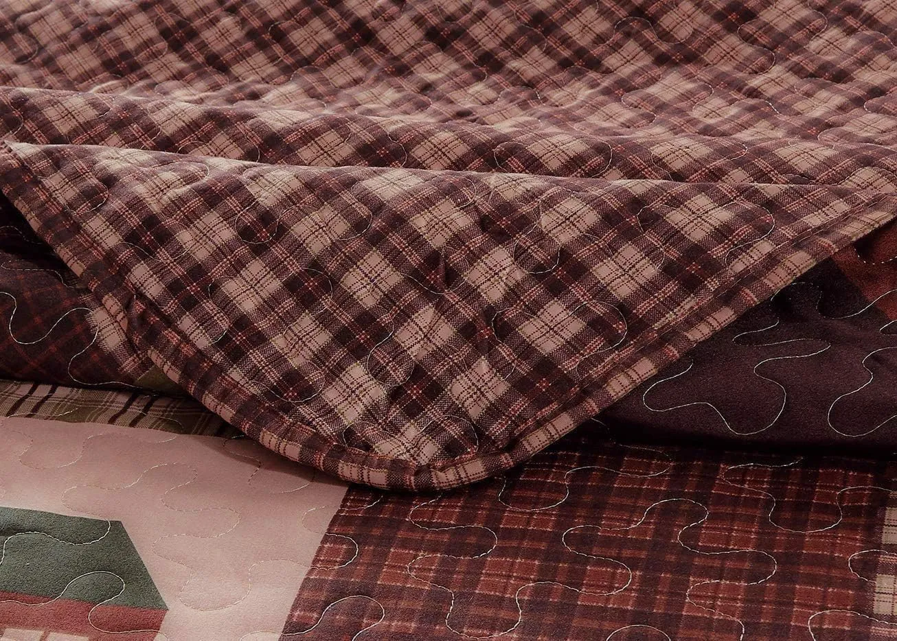 Rustic Western Lodge Quilted Plaid Reversible Bedspread Set with Wildlife Imagery of Grizzly Bear Elk Buck and Pine Trees in Dark Brown - Alpine Trail (Twin)