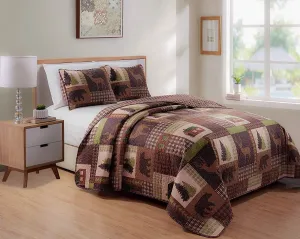 Rustic Western Lodge Quilted Plaid Reversible Bedspread Set with Wildlife Imagery of Grizzly Bear Elk Buck and Pine Trees in Dark Brown - Alpine Trail (Twin)
