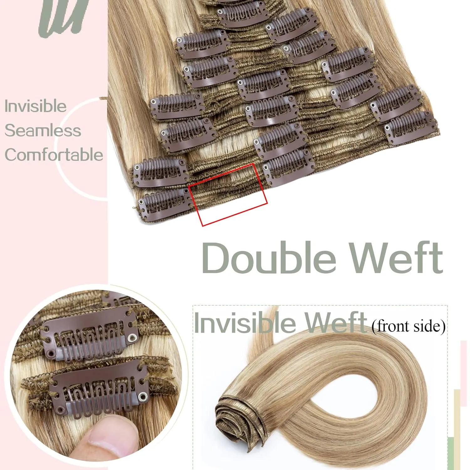 S-noilite Clip in Hair Extensions Human Hair Balayage Thick True Double Weft 100% Real Human Hair Full Head 8 Pieces 18 Clips Straight Silky (16 Inch - 130g,Light Golden Brown/Bleach Blonde (#12/613))