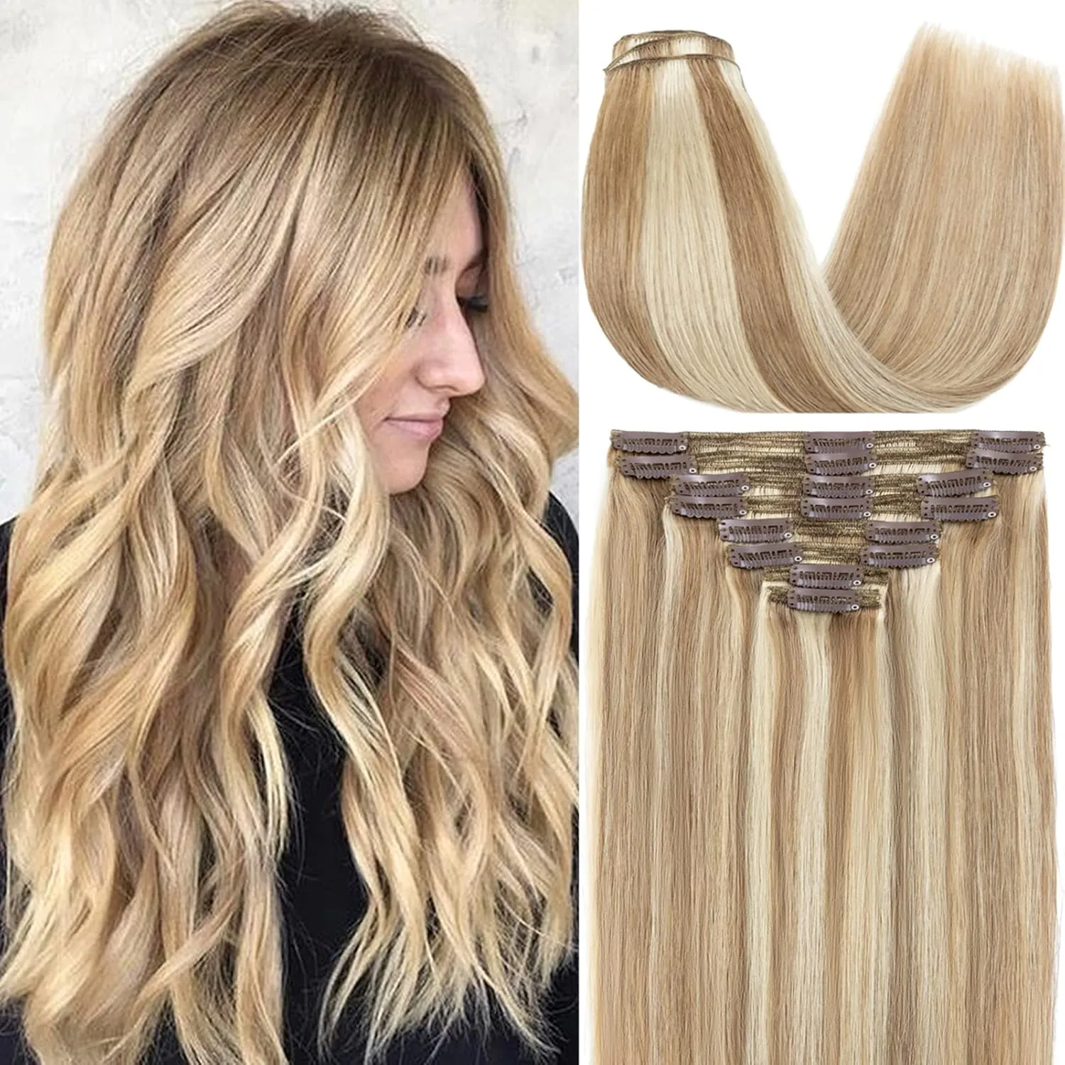 S-noilite Clip in Hair Extensions Human Hair Balayage Thick True Double Weft 100% Real Human Hair Full Head 8 Pieces 18 Clips Straight Silky (16 Inch - 130g,Light Golden Brown/Bleach Blonde (#12/613))