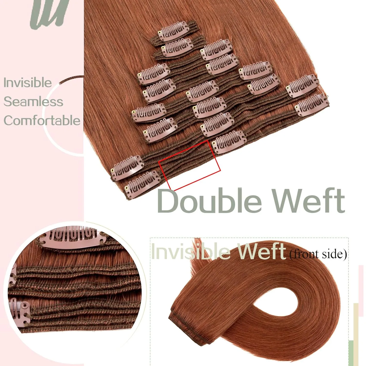 S-noilite Clip in Human Hair Extensions 100% Real Remy Thick True Double Weft Clip in Hair Extensions Full Head 8 Pieces 18 Clips Straight Silky (14 Inch - 120g,Dark Auburn (#33))