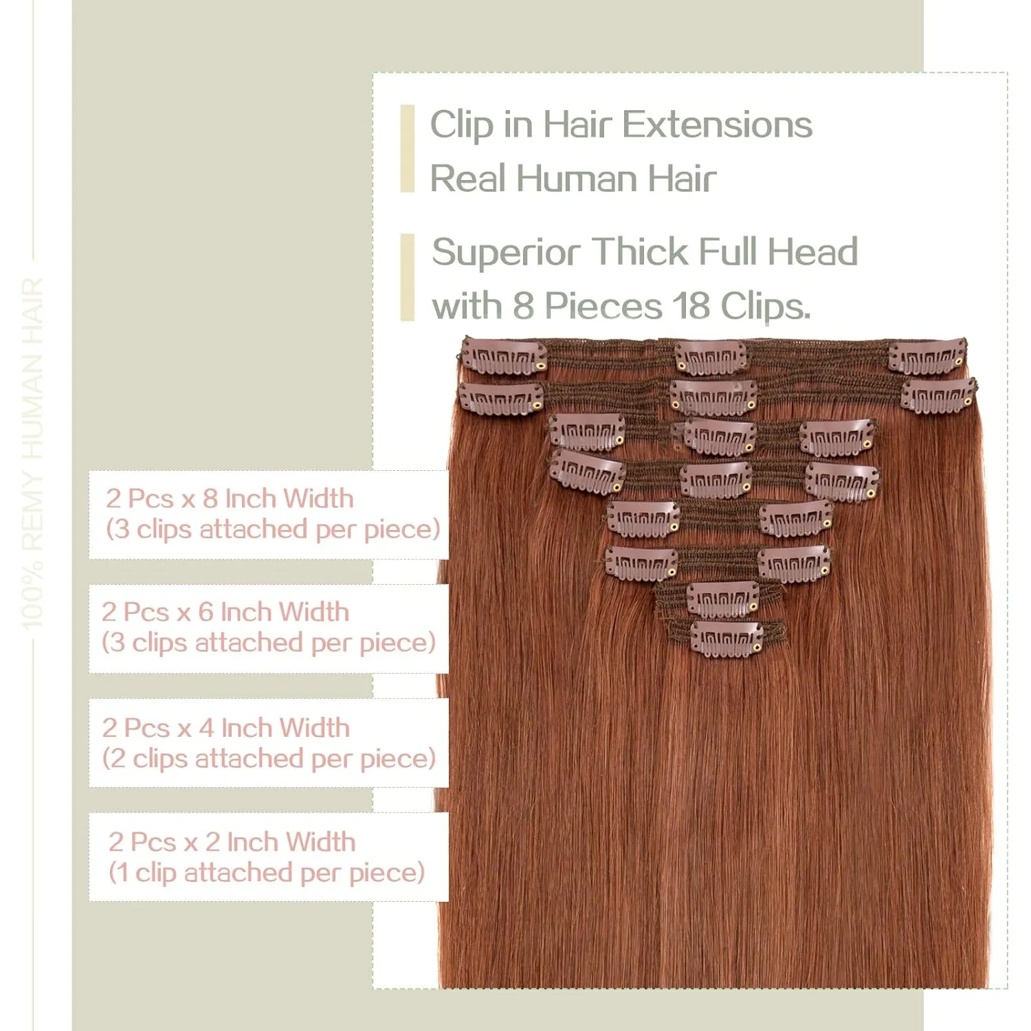 S-noilite Clip in Human Hair Extensions 100% Real Remy Thick True Double Weft Clip in Hair Extensions Full Head 8 Pieces 18 Clips Straight Silky (14 Inch - 120g,Dark Auburn (#33))