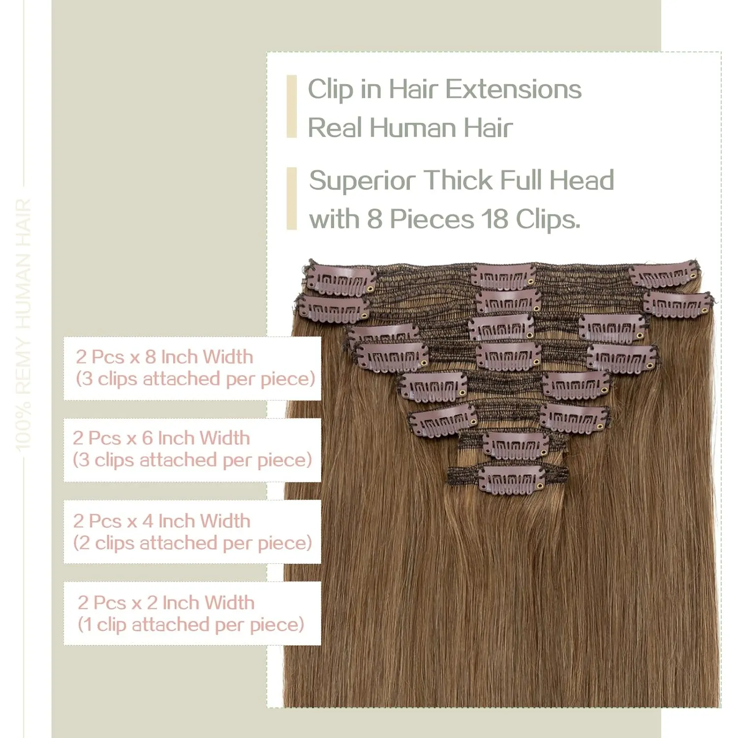s-noilite Clip in Human Hair Extensions 100% Real Remy Thick True Double Weft Full Head 8 Pieces 18 clips Straight silky (20 inch - 150g,Light Brown (#6))