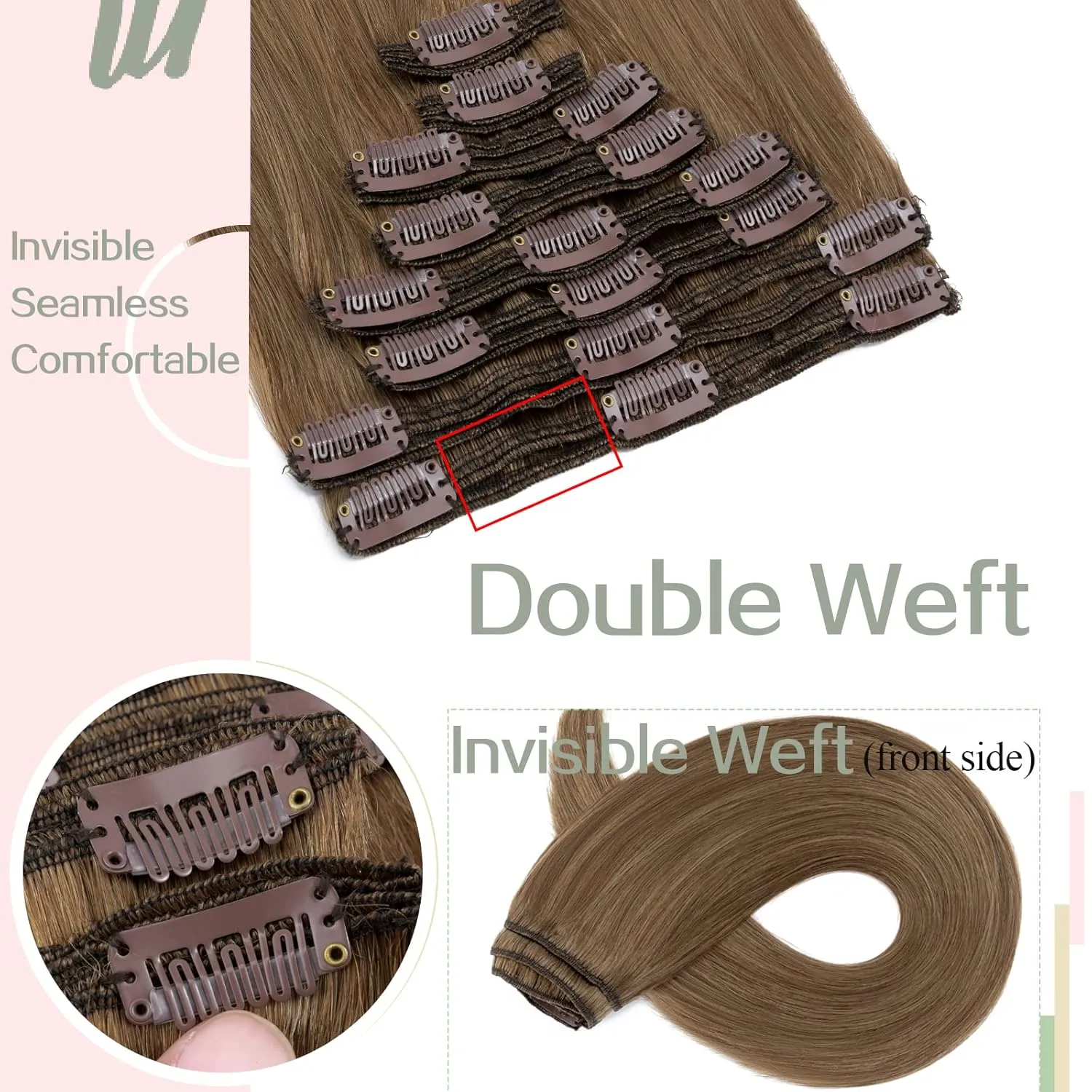 s-noilite Clip in Human Hair Extensions 100% Real Remy Thick True Double Weft Full Head 8 Pieces 18 clips Straight silky (20 inch - 150g,Light Brown (#6))