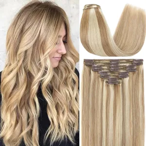 S-noilite Clip in Human Hair Extensions Balayage 100% Real Human Hair Thick True Double Weft Full Head 8 Pieces/18 Clips/Set Straight Silky (12 Inch - 115g,Light Golden Brown/Bleach Blonde (#12/613))