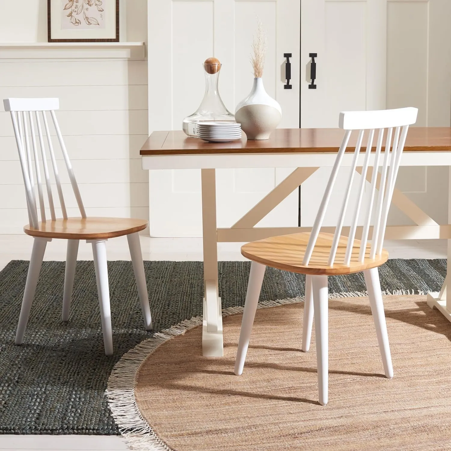 SAFAVIEH Home Collection Burris Farmhouse White/Natural Spindle Back Living Room Dining Room Bedroom Office Foyer Side Chair