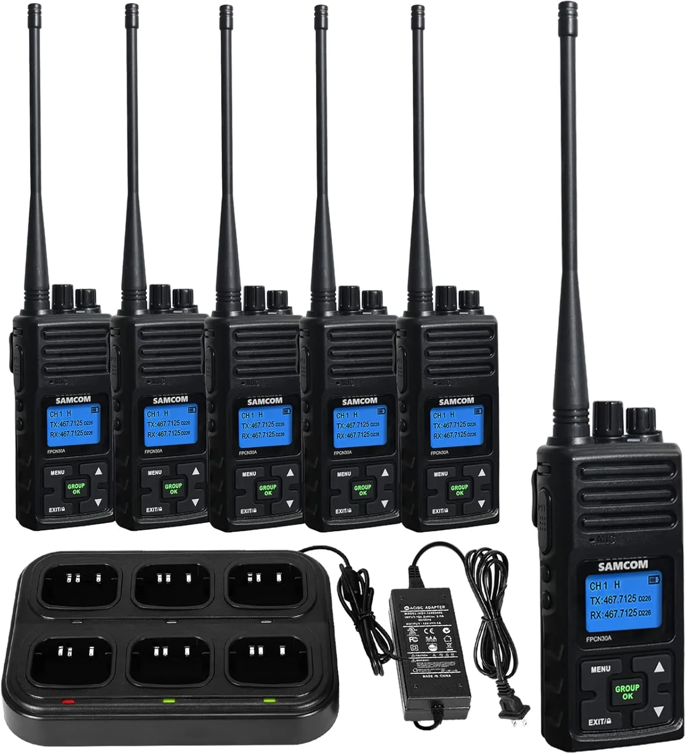 SAMCOM 5wTwo Way Radio Rechargeable, Long Range 2 Way Radio 1500mAh Programmable Walkie Talkie for Adults Heavy Duty with 6 Way Multi-Unit Charger Gang (Radios 6 pcs   Gang Charger)