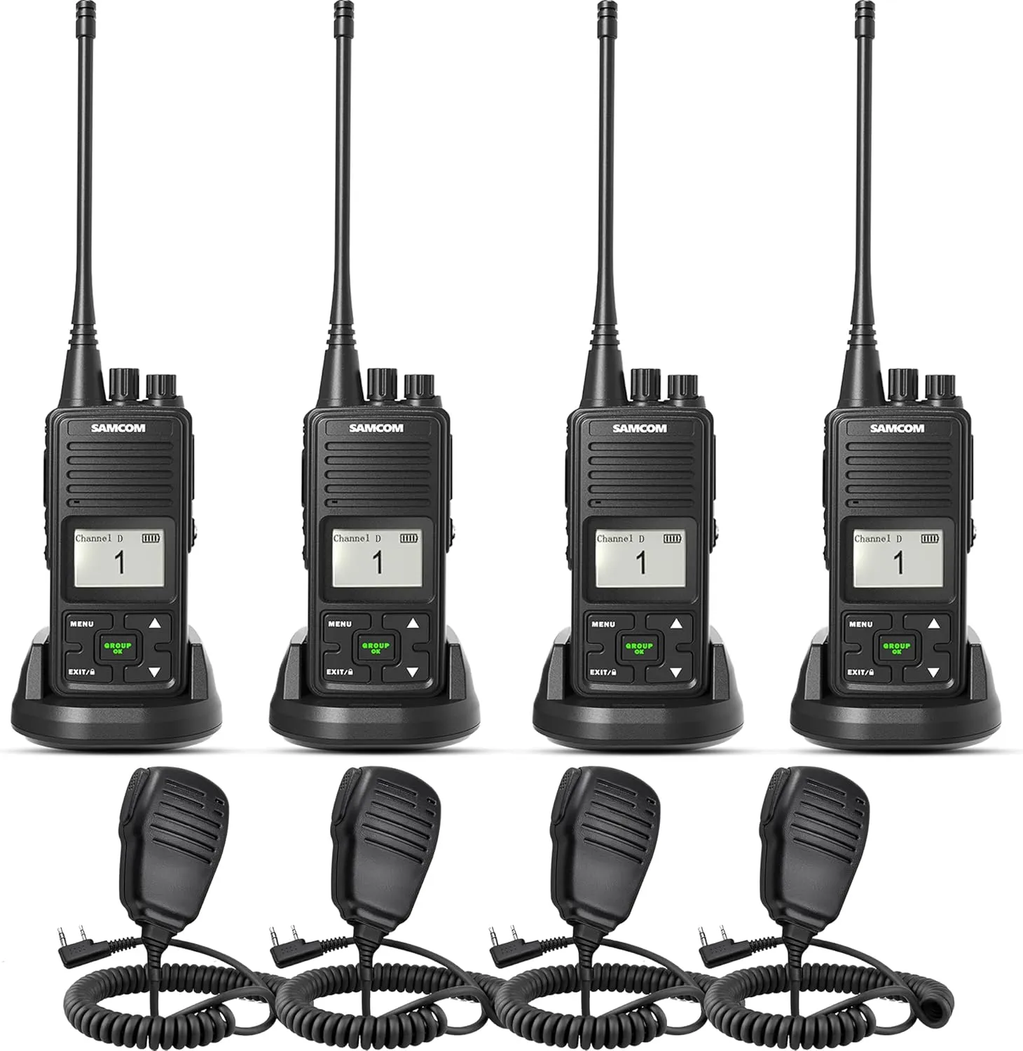 SAMCOM FPCN10A Professional UHF Walkie Talkies with 3000mAh High Power Battery & Speaker Mic (4 Pack) - Group Call Long Range Two-Way Radios for Hospitality, Construction, Outdoor Teams