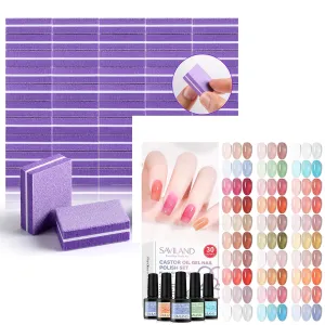 SAVILAND Jelly Gel Nail Polish Set, 30 Colors Translucent Nude Pink Transparent Nail Polish Set Nail Buffer Block Files for Manicure : Double-Sided 80 100 Grit Nail Buffer Block 150Pcs Washab
