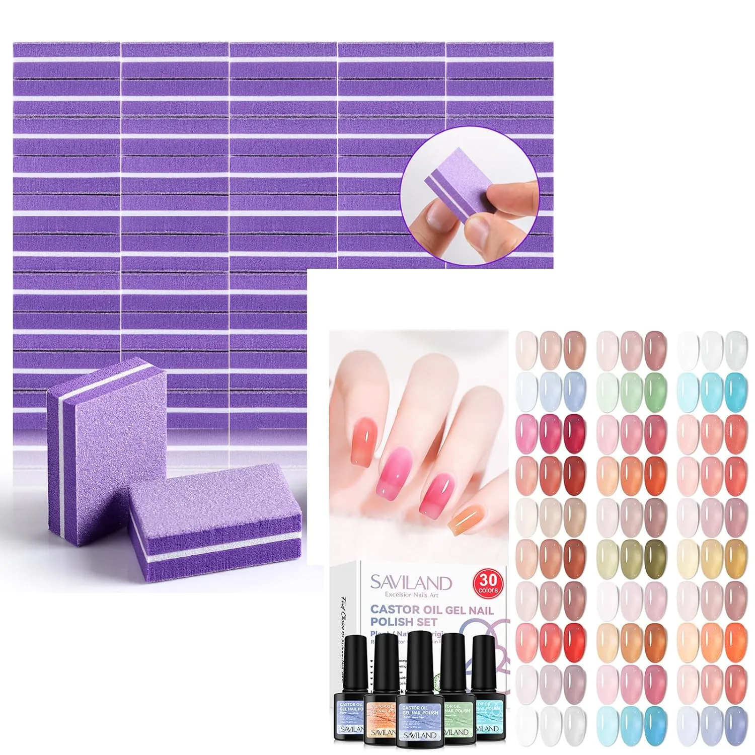 SAVILAND Jelly Gel Nail Polish Set, 30 Colors Translucent Nude Pink Transparent Nail Polish Set Nail Buffer Block Files for Manicure : Double-Sided 80 100 Grit Nail Buffer Block 150Pcs Washab