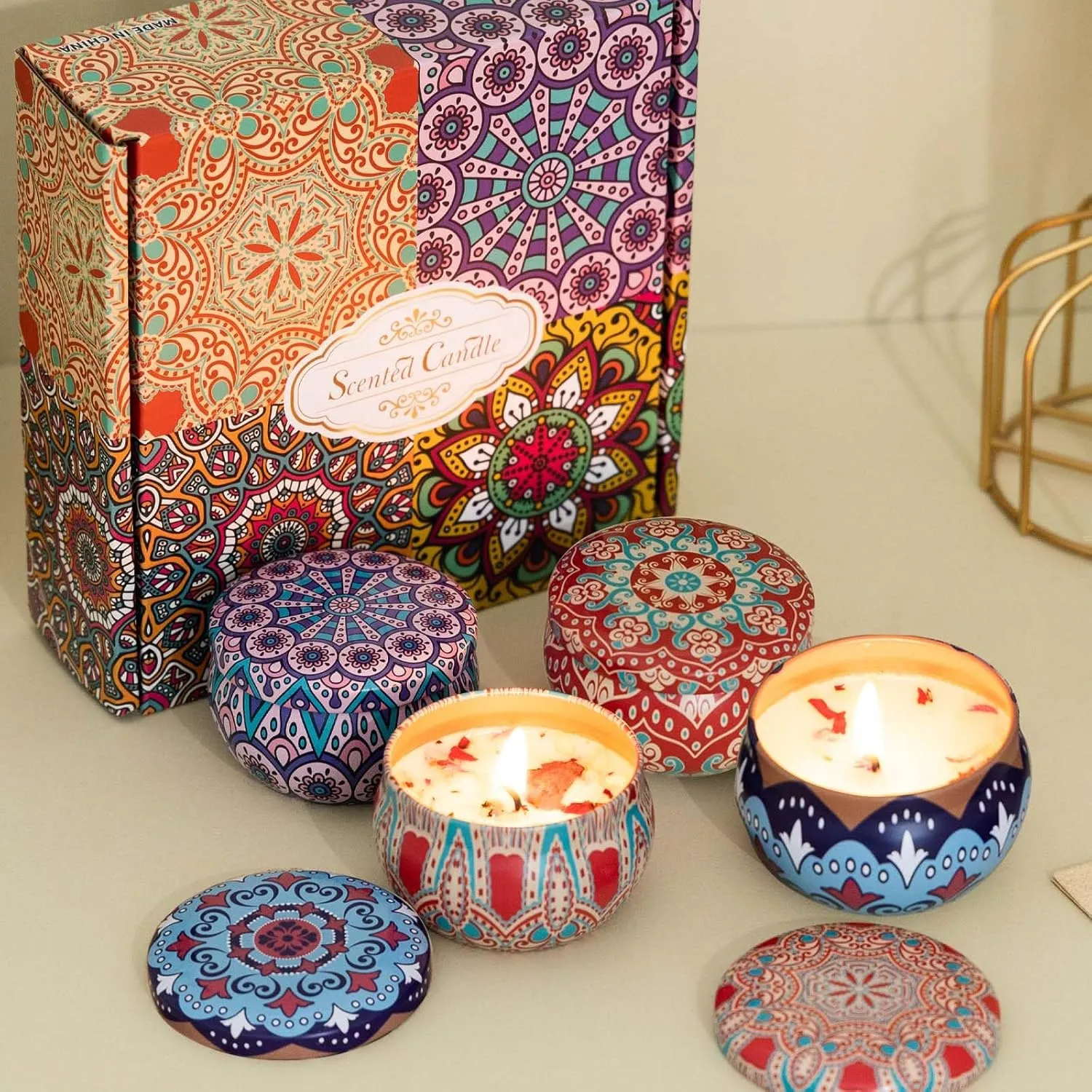 Scented Candles Gift Set - Aromatherapy Candles for Home, Portable Hotel Candles, Natural Soy Wax Tin Jar Candles for Yoga, Bath, 2.5 Oz Long Lasting Time Candles Gift for Women 4 Pack