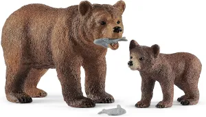 Schleich Wild Life, 4-Piece Playset, Animal Toys for Kids Ages 3-8, Grizzly Bear Mother with Cub and Fish