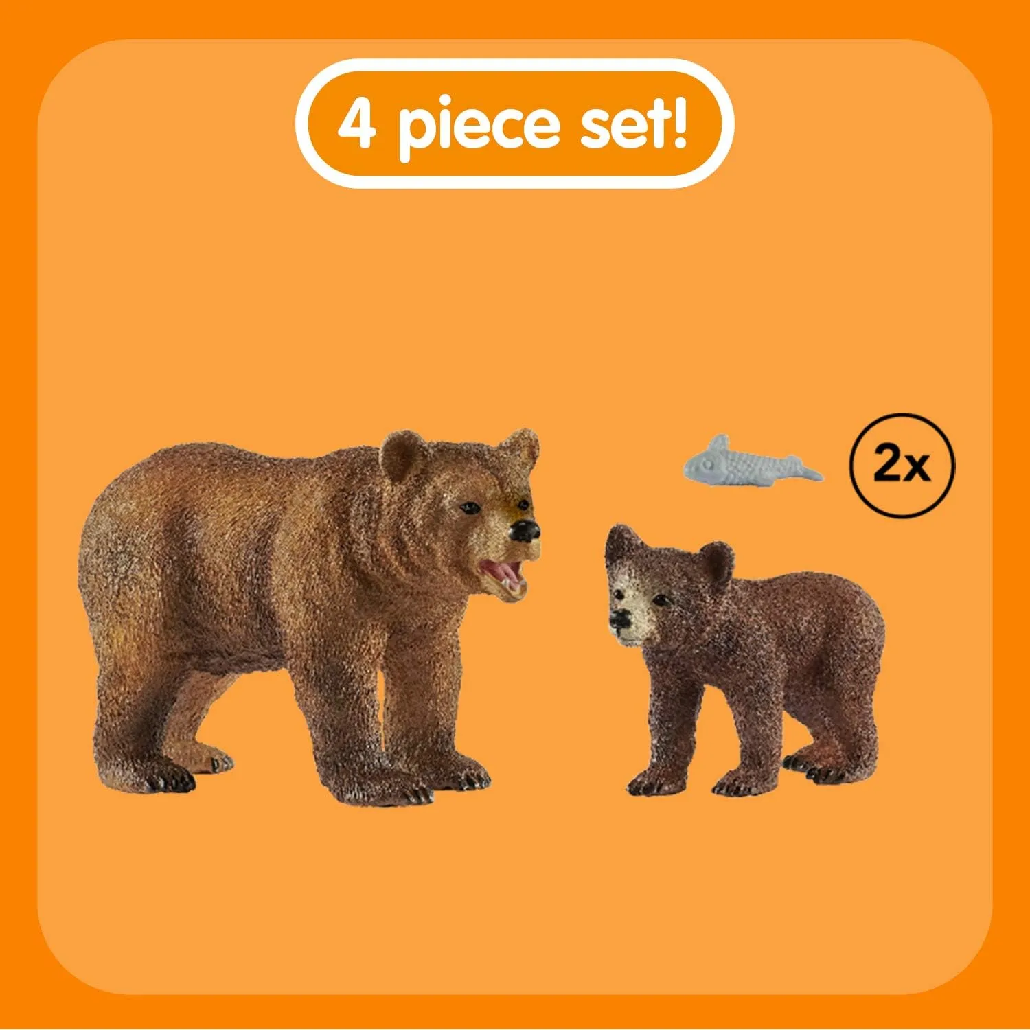 Schleich Wild Life, 4-Piece Playset, Animal Toys for Kids Ages 3-8, Grizzly Bear Mother with Cub and Fish