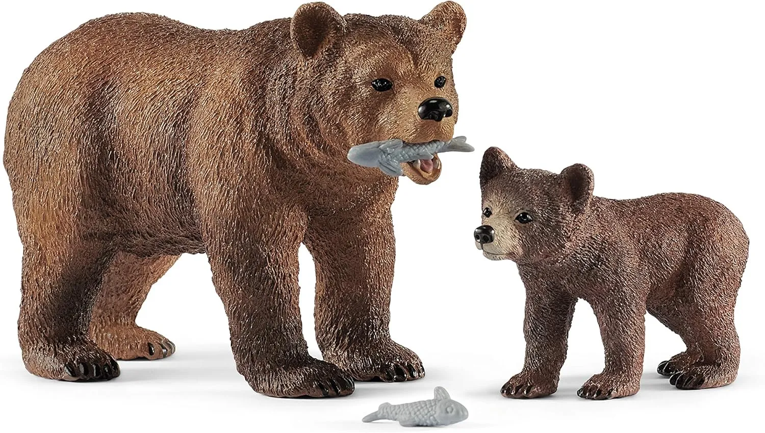 Schleich Wild Life, 4-Piece Playset, Animal Toys for Kids Ages 3-8, Grizzly Bear Mother with Cub and Fish