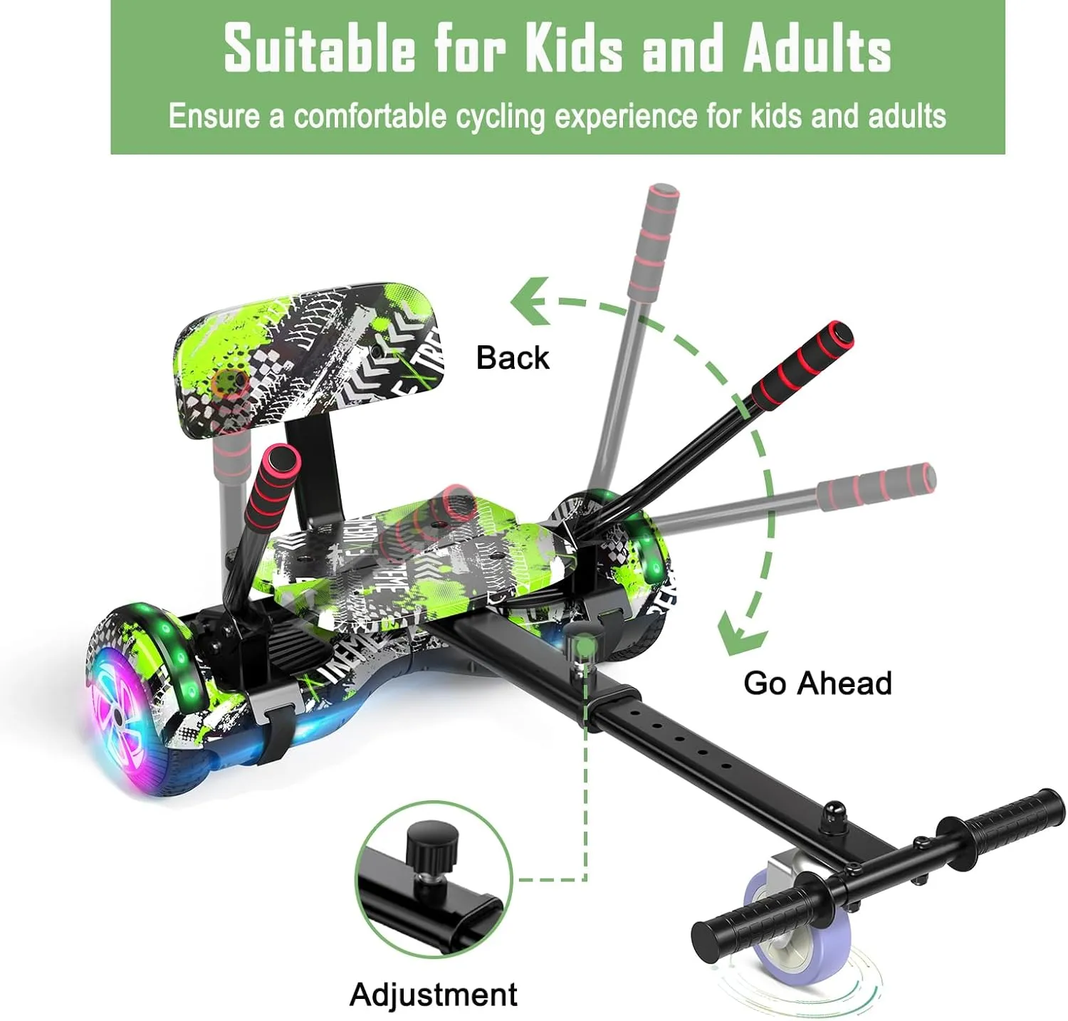 Scooter Seat Attachment, Scooter with Go Kart for Kids Boys Girls Adults, with Corlorful LED Lights, Bluetooth