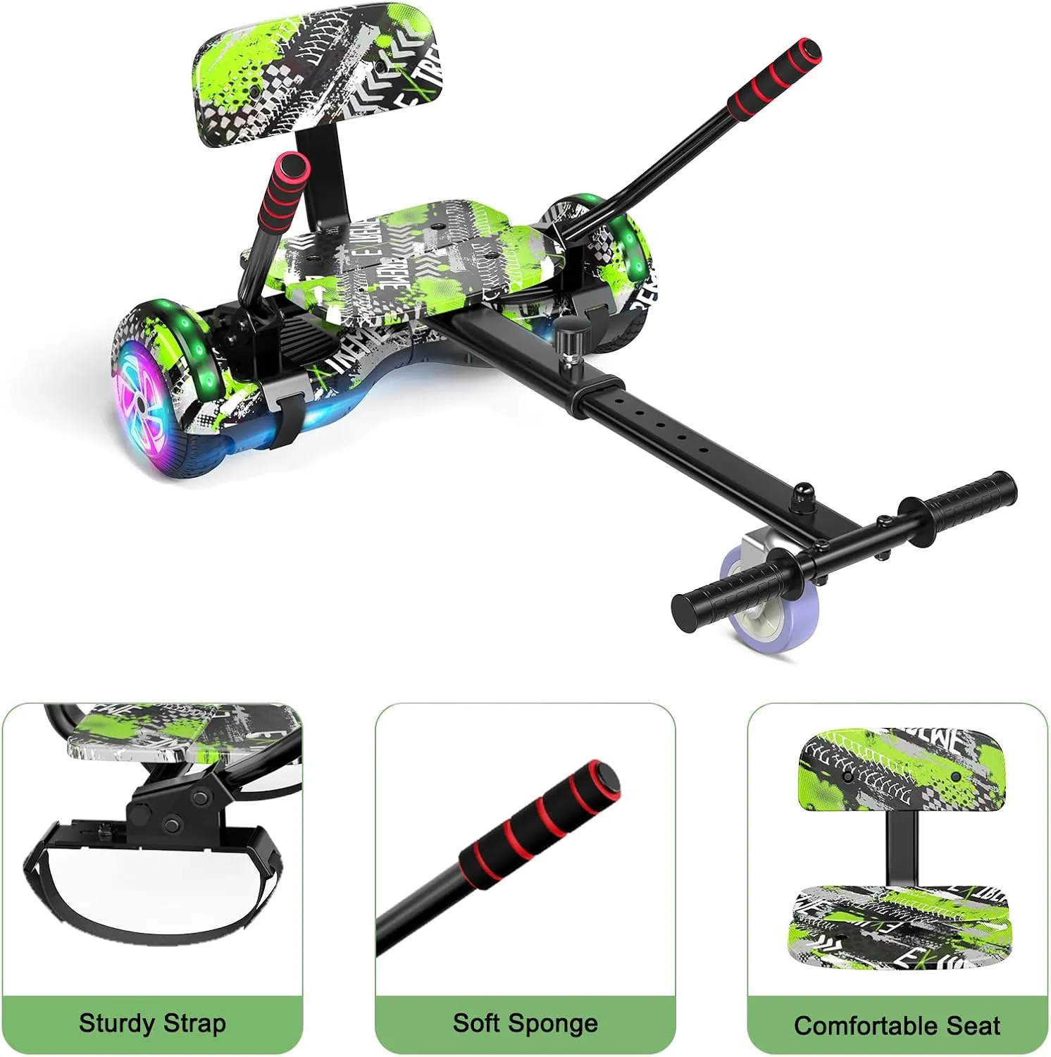 Scooter Seat Attachment, Scooter with Go Kart for Kids Boys Girls Adults, with Corlorful LED Lights, Bluetooth