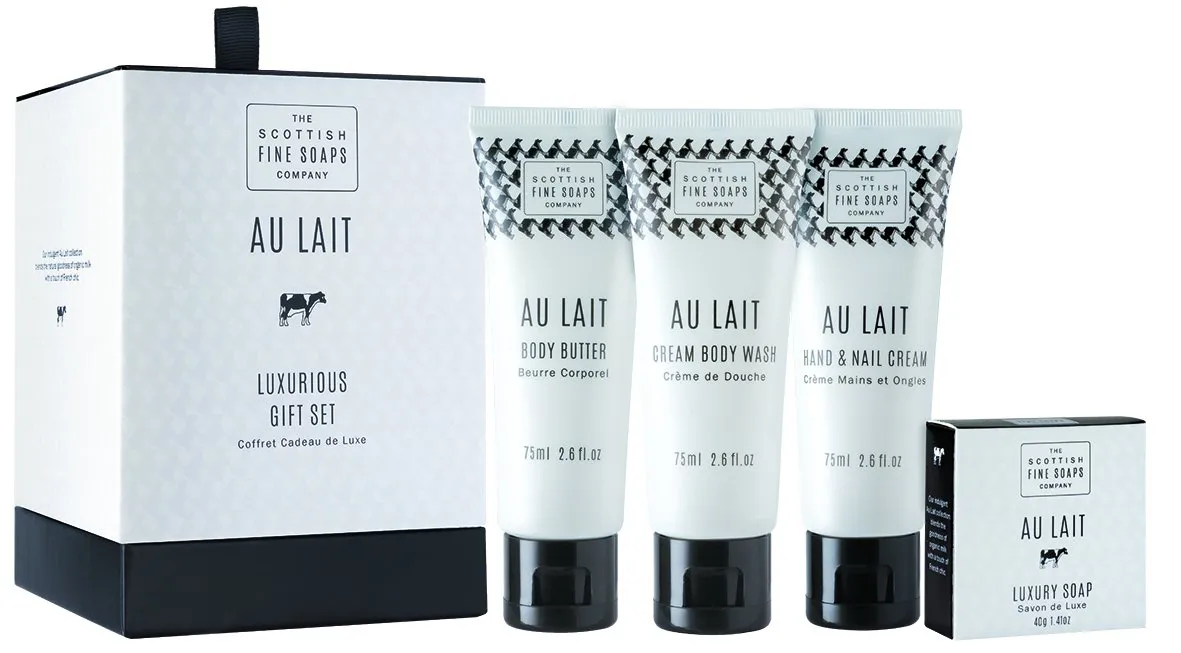 Scottish Fine Soaps Au Lait Luxurious Essentials Drum contains Tubes 75 ml x 3/ Soap 40 g