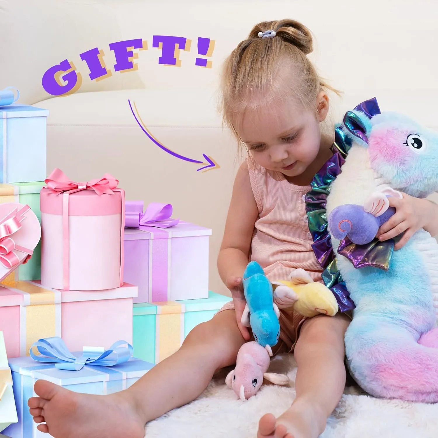 Seahorse Stuffed Animal Set, Mommy & Babies, Plush Seahorse with Baby, Kids' Gift for Christmas & Birthday, 20in