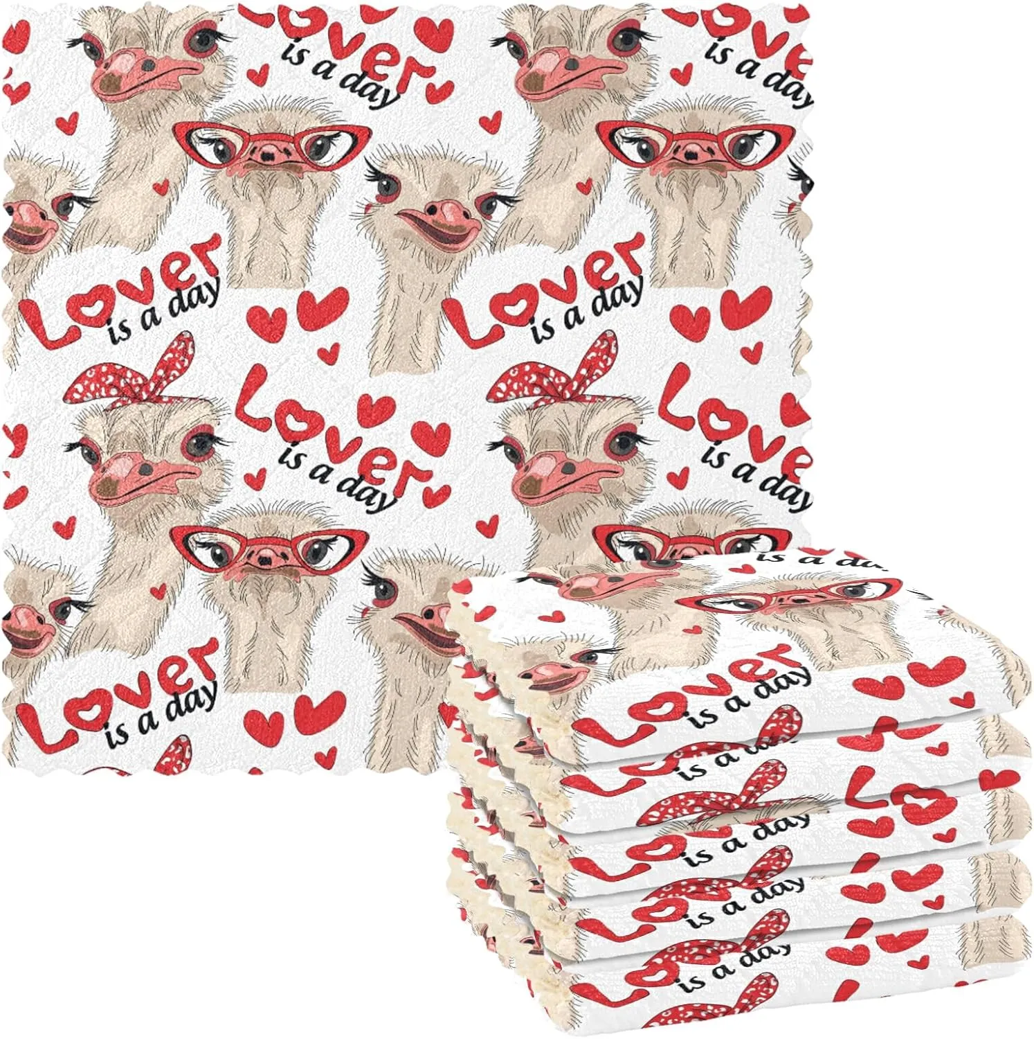Seamless Ostriches with Red Glasses Hairpins Lover is a Day Letterings 6 Set Kitchen Dish Towels, Washcloths Cleaning Cloths Dish Cloths, Absorbent Towels Lint Free Bar Tea Soft Waffle Towel 11"x11"