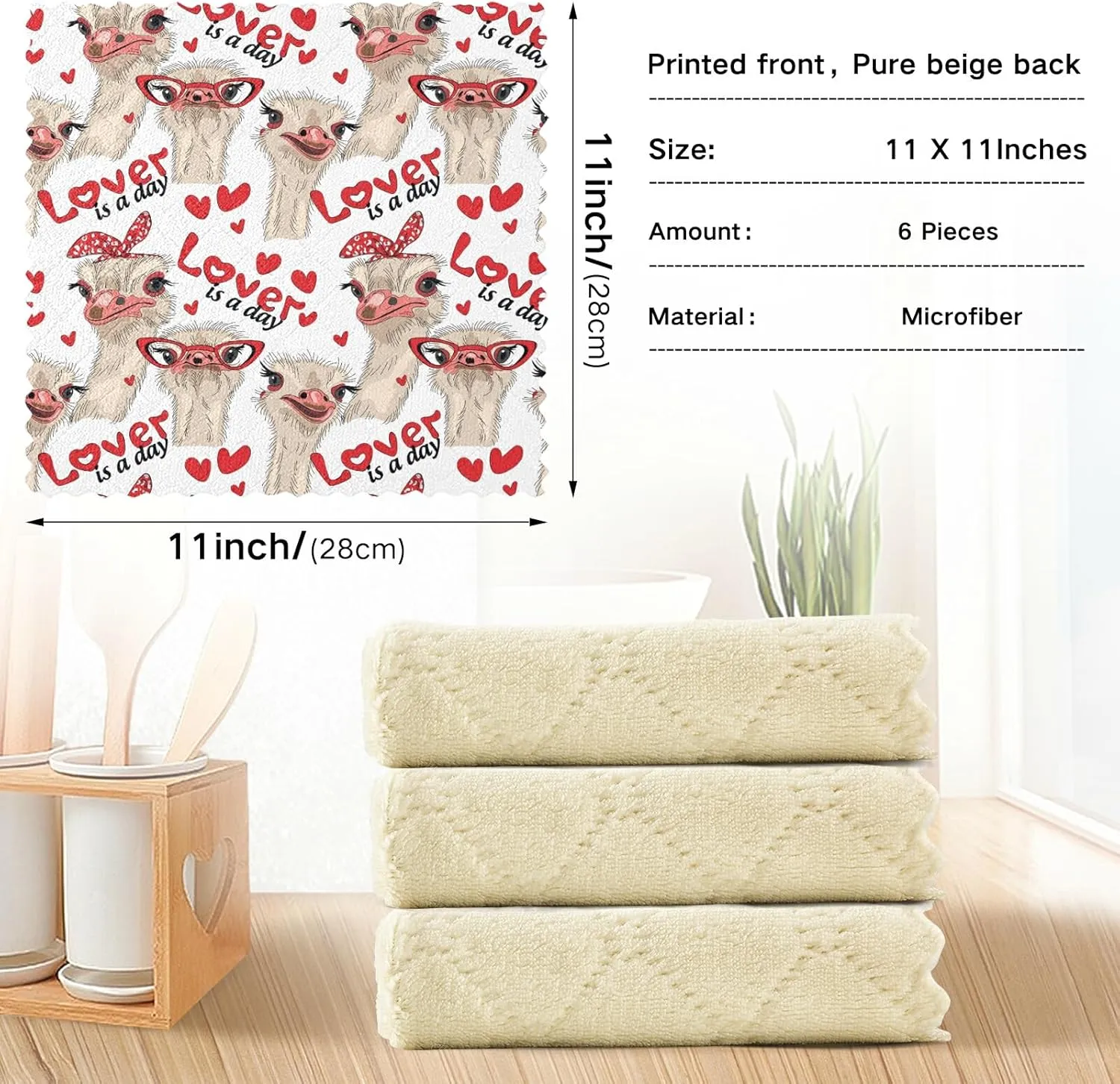 Seamless Ostriches with Red Glasses Hairpins Lover is a Day Letterings 6 Set Kitchen Dish Towels, Washcloths Cleaning Cloths Dish Cloths, Absorbent Towels Lint Free Bar Tea Soft Waffle Towel 11"x11"