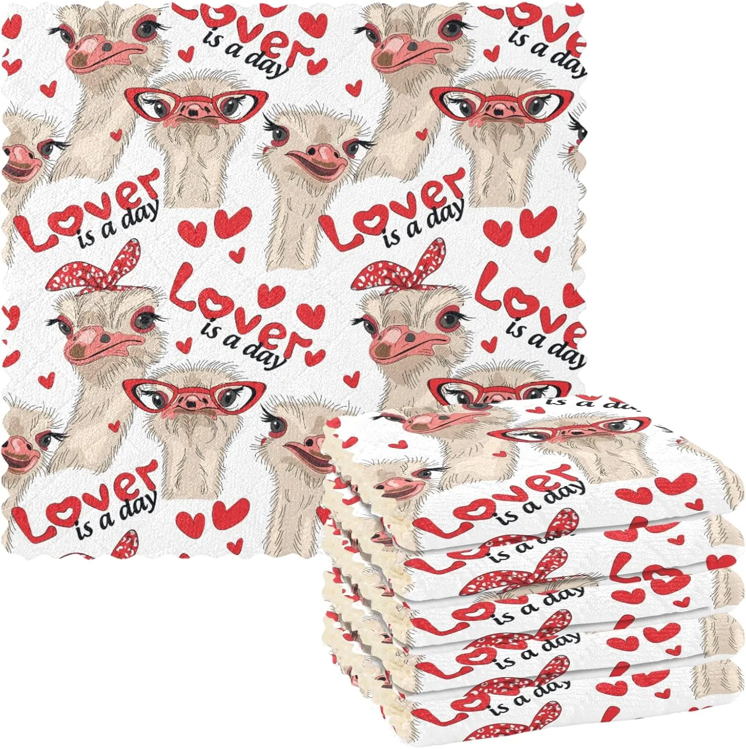Seamless Ostriches with Red Glasses Hairpins Lover is a Day Letterings 6 Set Kitchen Dish Towels, Washcloths Cleaning Cloths Dish Cloths, Absorbent Towels Lint Free Bar Tea Soft Waffle Towel 11"x11"