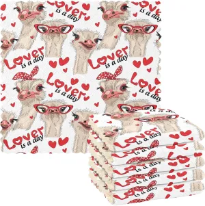 Seamless Ostriches with Red Glasses Hairpins Lover is a Day Letterings 6 Set Kitchen Dish Towels, Washcloths Cleaning Cloths Dish Cloths, Absorbent Towels Lint Free Bar Tea Soft Waffle Towel 11"x11"
