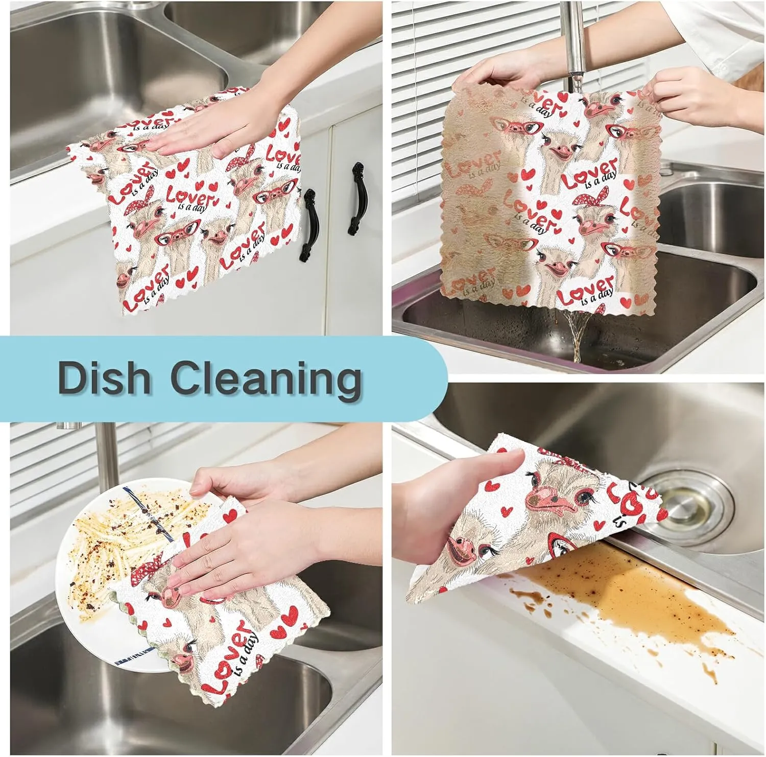 Seamless Ostriches with Red Glasses Hairpins Lover is a Day Letterings 6 Set Kitchen Dish Towels, Washcloths Cleaning Cloths Dish Cloths, Absorbent Towels Lint Free Bar Tea Soft Waffle Towel 11"x11"