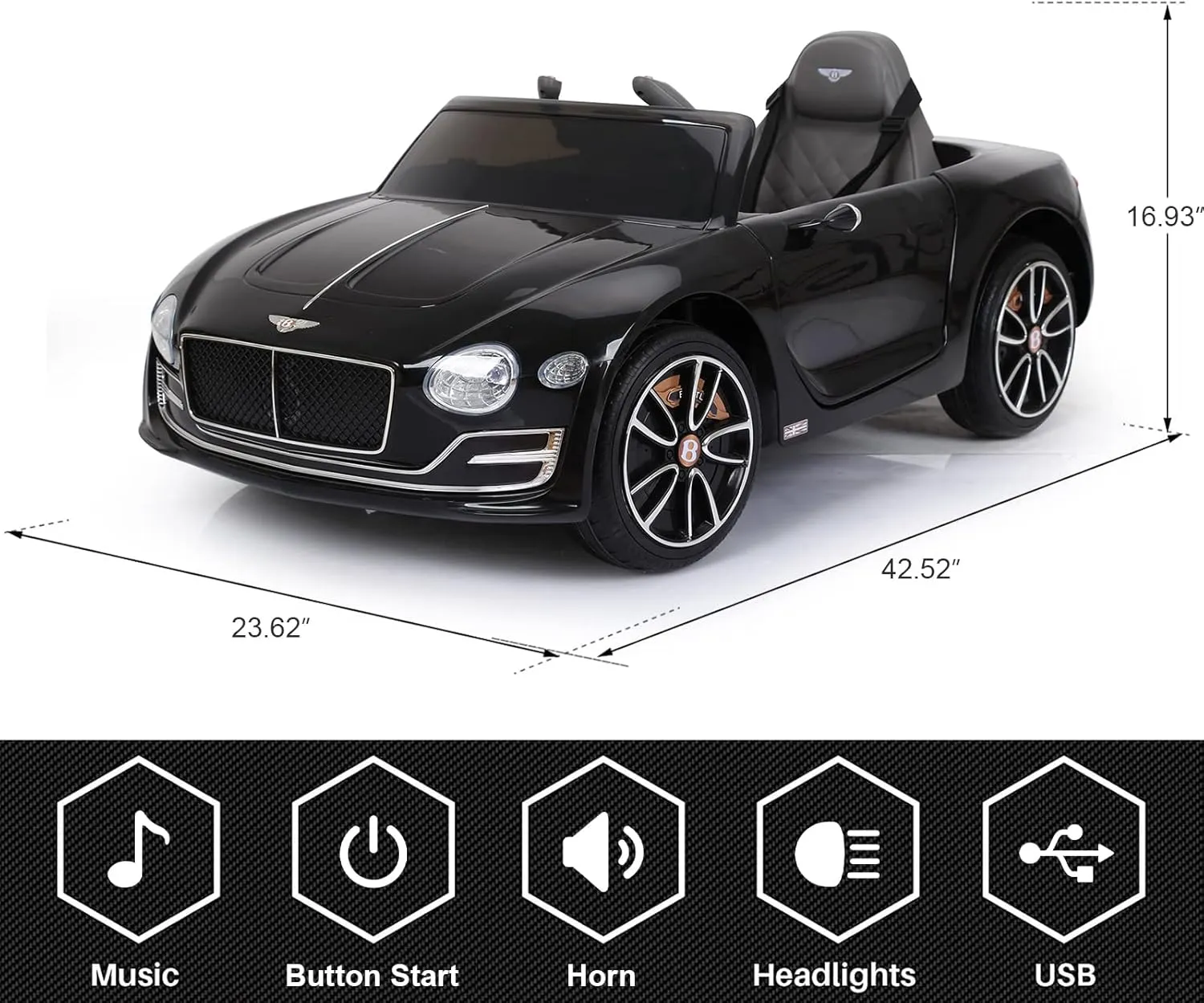 SEHOMY 12V Bentley Electric car for Kids with Remote, EXP12 Kid Cars to Drive Battery Powered Ride On Vehicle with 4 Wheels, Foot Pedal, 2 Speeds, Music, Aux, LED Headlight, Music Player Black