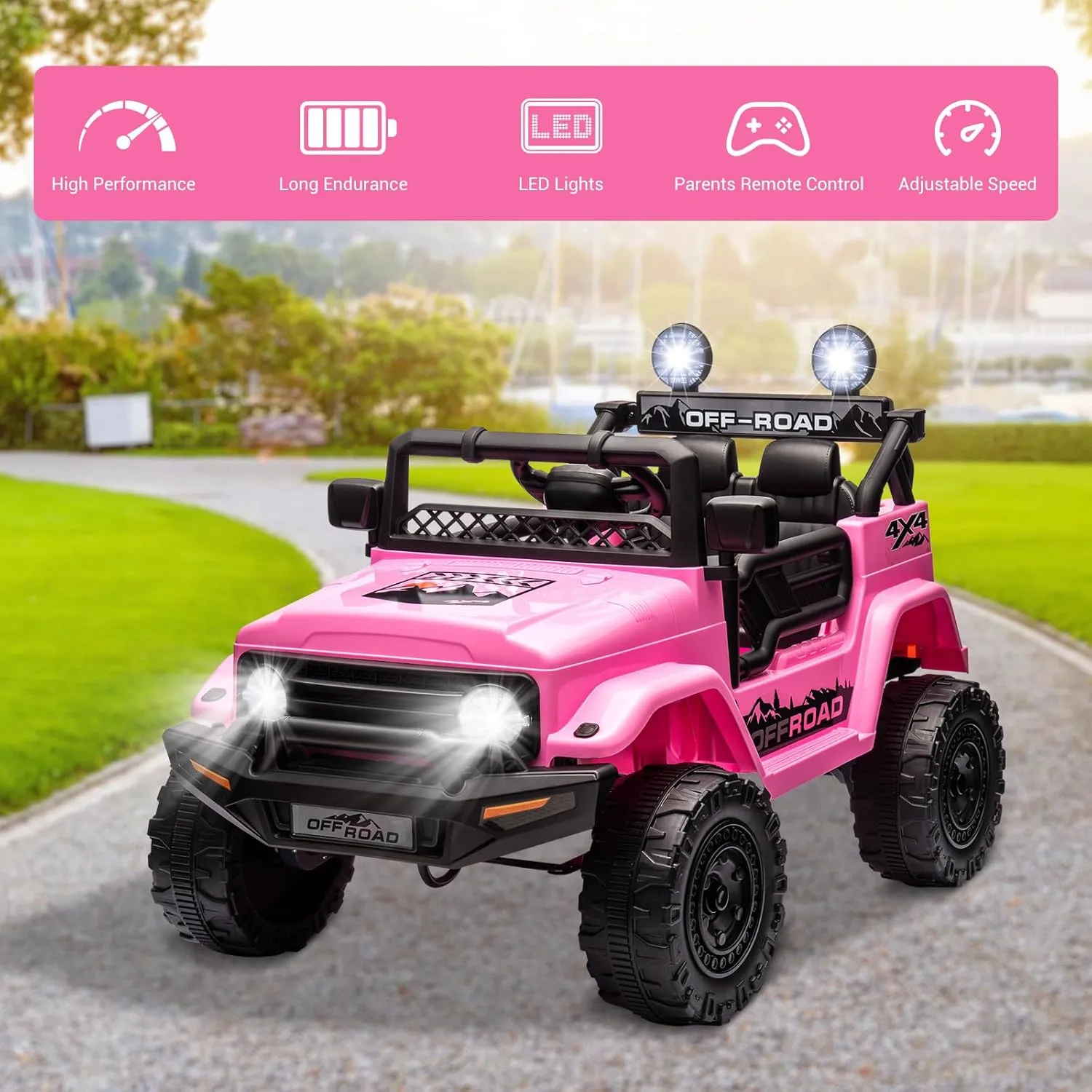 SEHOMY 12V Kids Ride On Truck with Parent Remote, 4 Wheelers Battery Powered Electric Toys Car Toddler - 3 Speed, Spring Suspension, LED Lights, Safety Start, Music, Kids Electric Vehicles Pink