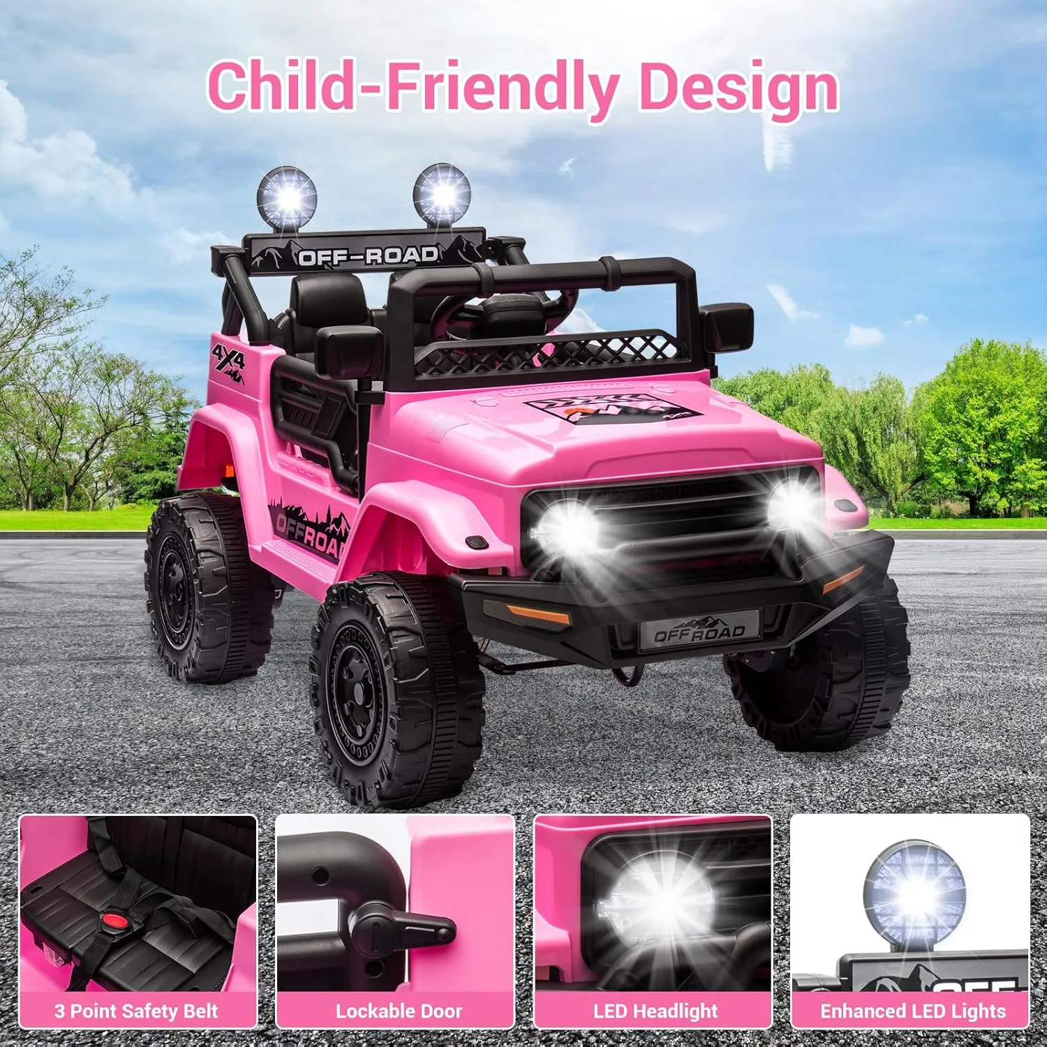 SEHOMY 12V Kids Ride On Truck with Parent Remote, 4 Wheelers Battery Powered Electric Toys Car Toddler - 3 Speed, Spring Suspension, LED Lights, Safety Start, Music, Kids Electric Vehicles Pink