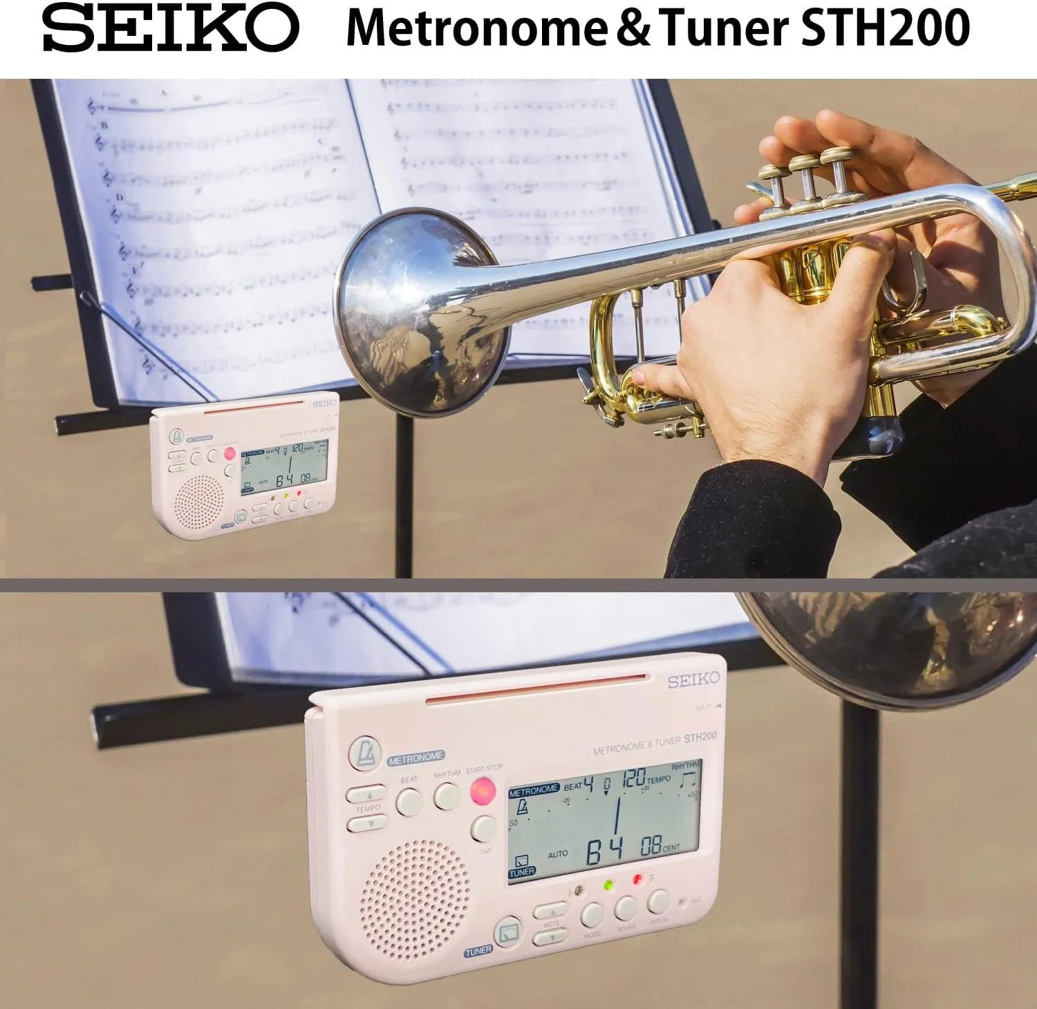 SEIKO STH200P Metronome Tuner, Loud Volume, Can Be Attached to Music Stands, Perfect for Brass Band, Pink