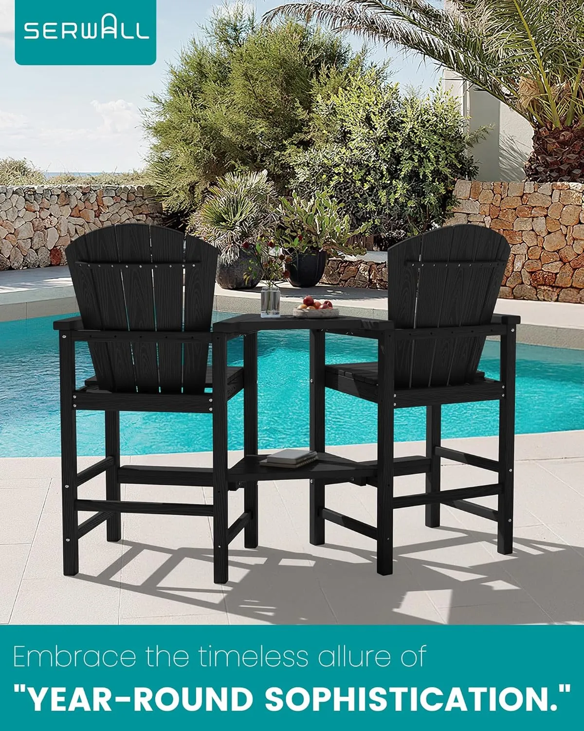 SERWALL Tall Adirondack Chairs Set of 2 with Double Layer Connecting Tray, HDPE Bar Height Outdoor Chairs, Wood-Like Adirondack Bar Stools for Patio, Balcony, Porch, Black