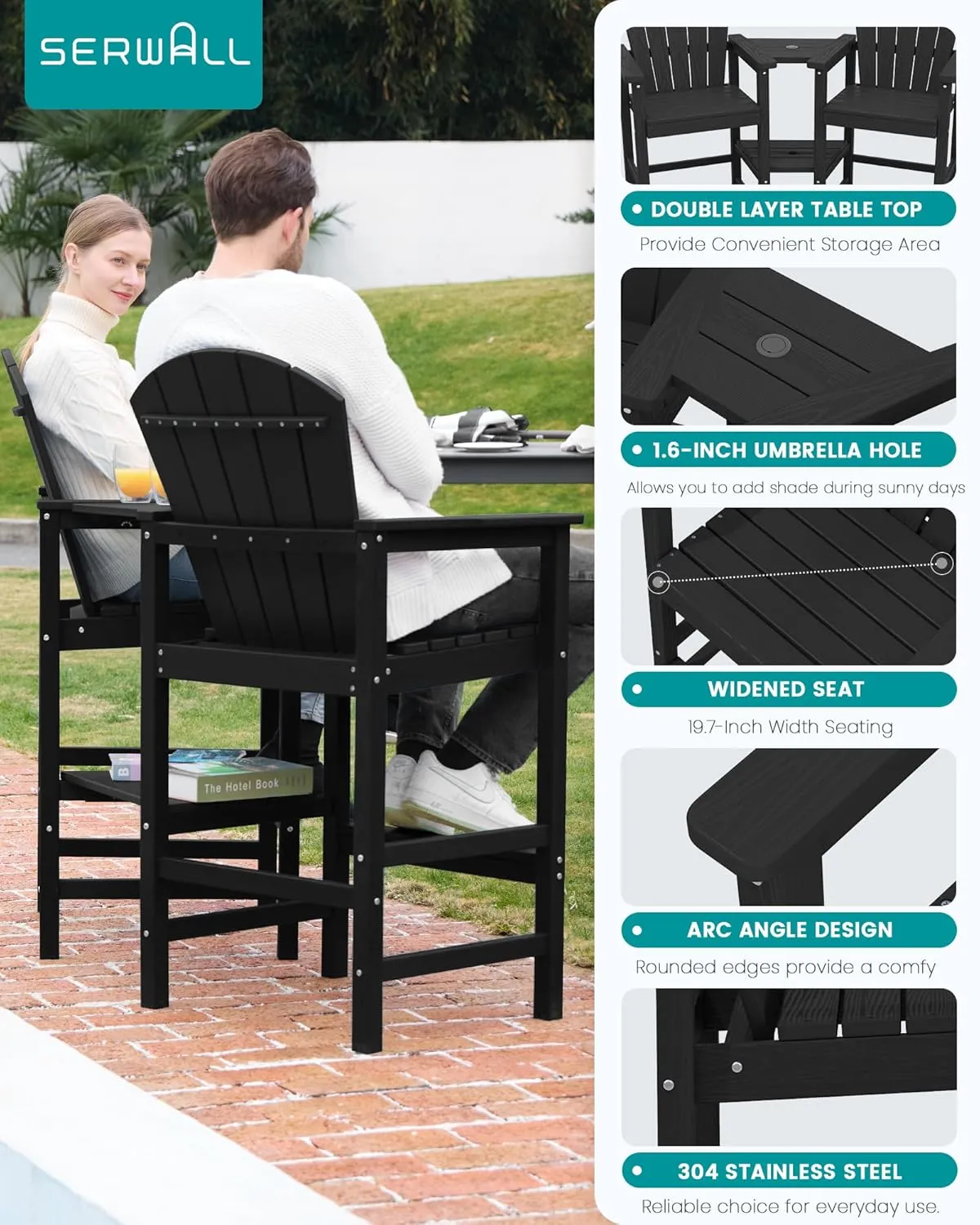 SERWALL Tall Adirondack Chairs Set of 2 with Double Layer Connecting Tray, HDPE Bar Height Outdoor Chairs, Wood-Like Adirondack Bar Stools for Patio, Balcony, Porch, Black