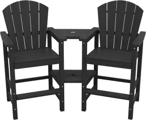 SERWALL Tall Adirondack Chairs Set of 2 with Double Layer Connecting Tray, HDPE Bar Height Outdoor Chairs, Wood-Like Adirondack Bar Stools for Patio, Balcony, Porch, Black